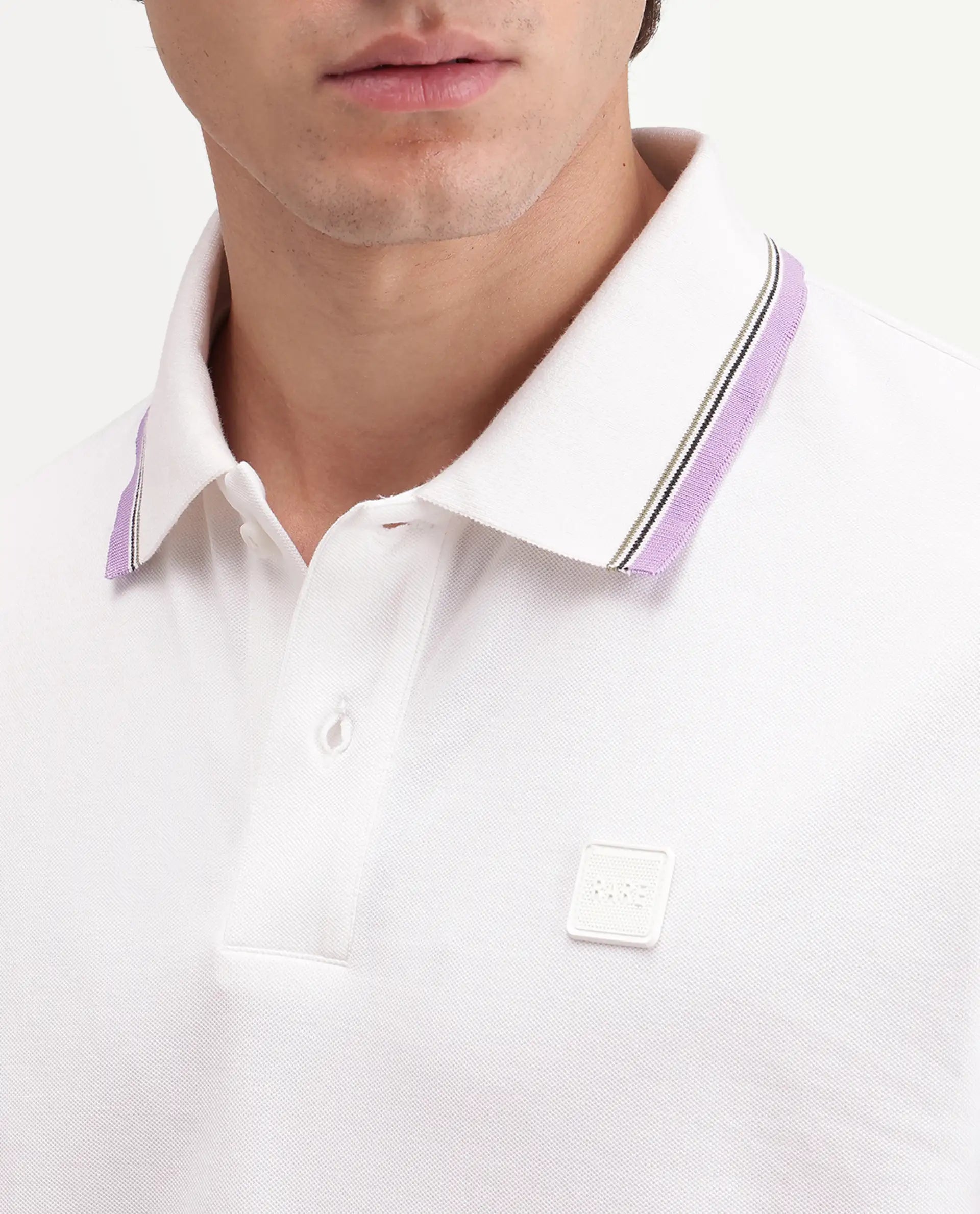 Rare Rabbit Men's Orion White Cotton Blend Spread Collar Regular Plain Polo