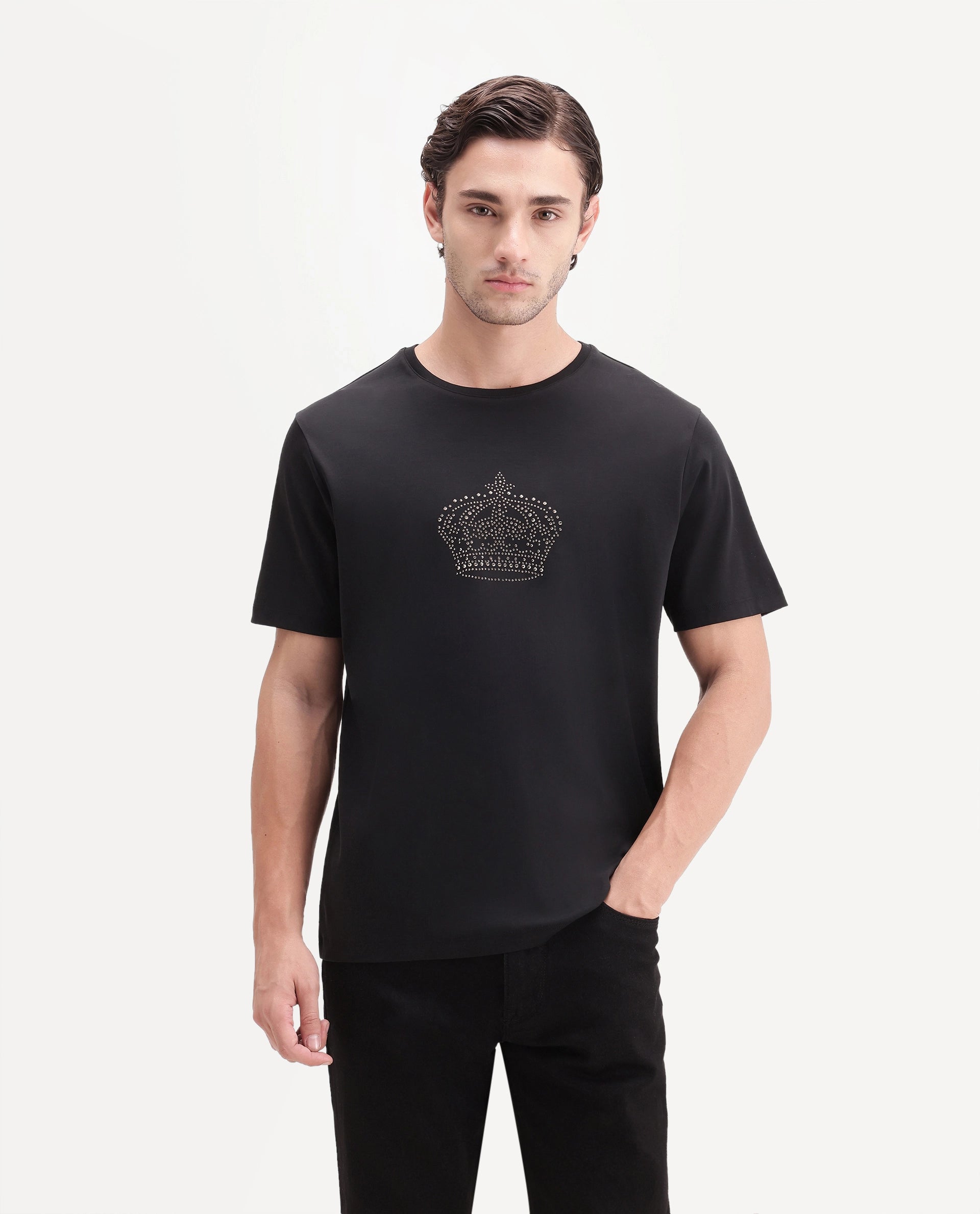 Rare Rabbit Men's Lazer Black Cotton Crew Neck Regular Graphic Print T-Shirt