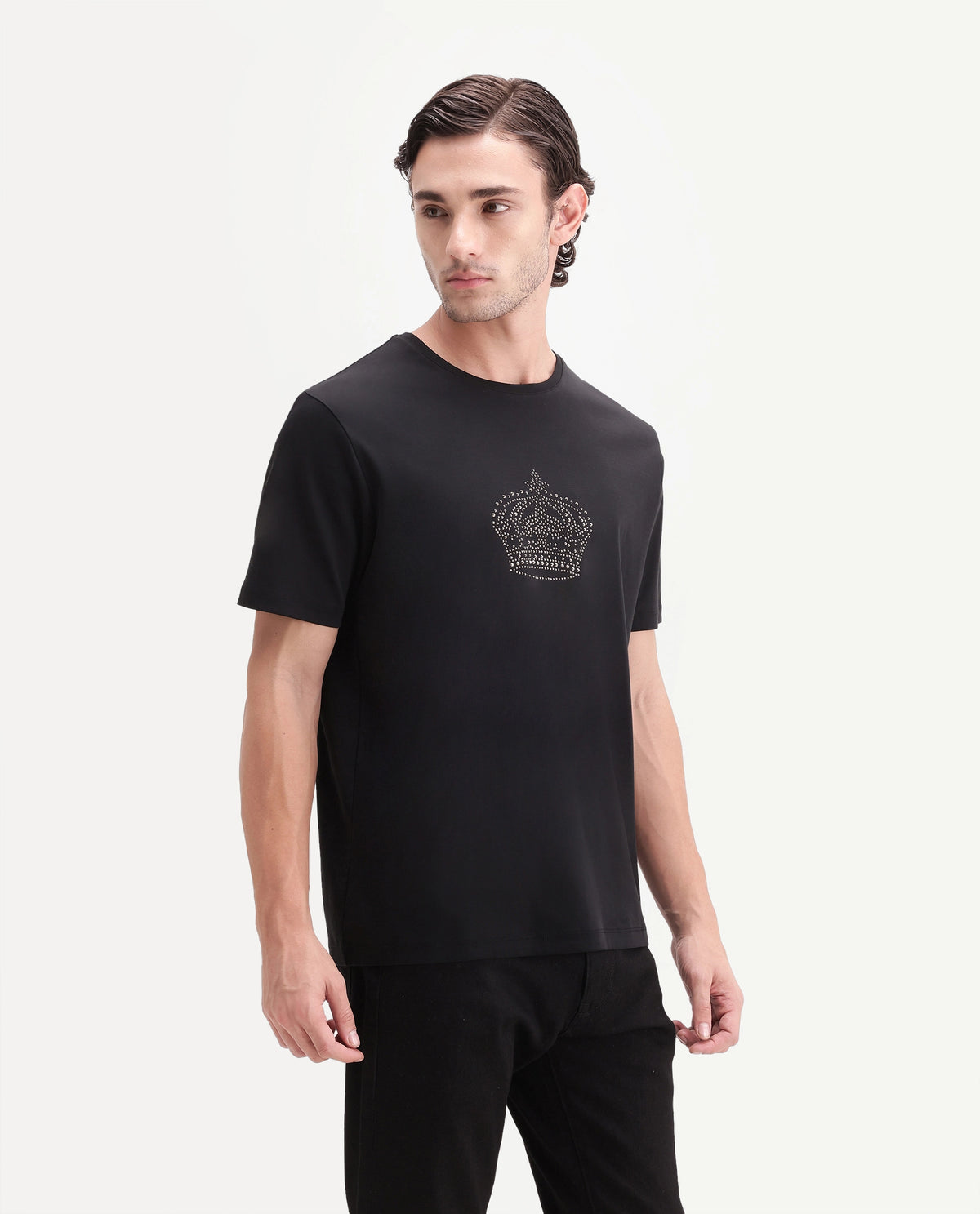 Rare Rabbit Men's Lazer Black Cotton Crew Neck Regular Graphic Print T-Shirt