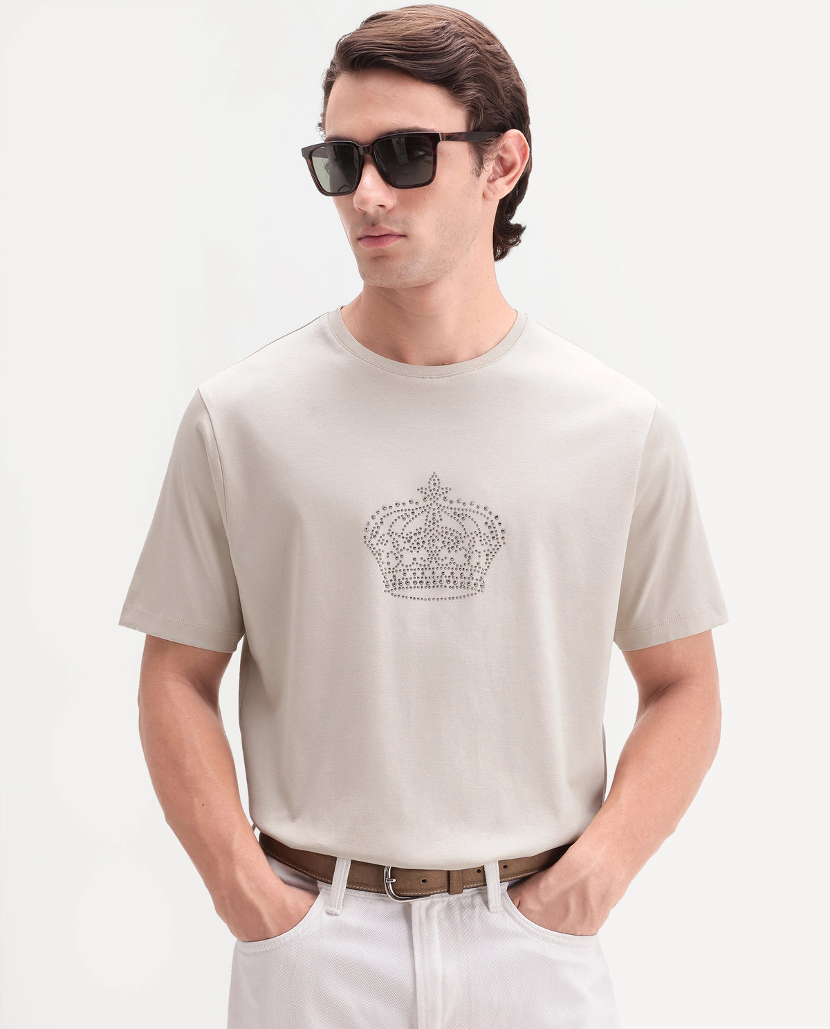 Rare Rabbit Men's Lazer Light Beige Cotton Crew Neck Regular Graphic Print T-Shirt
