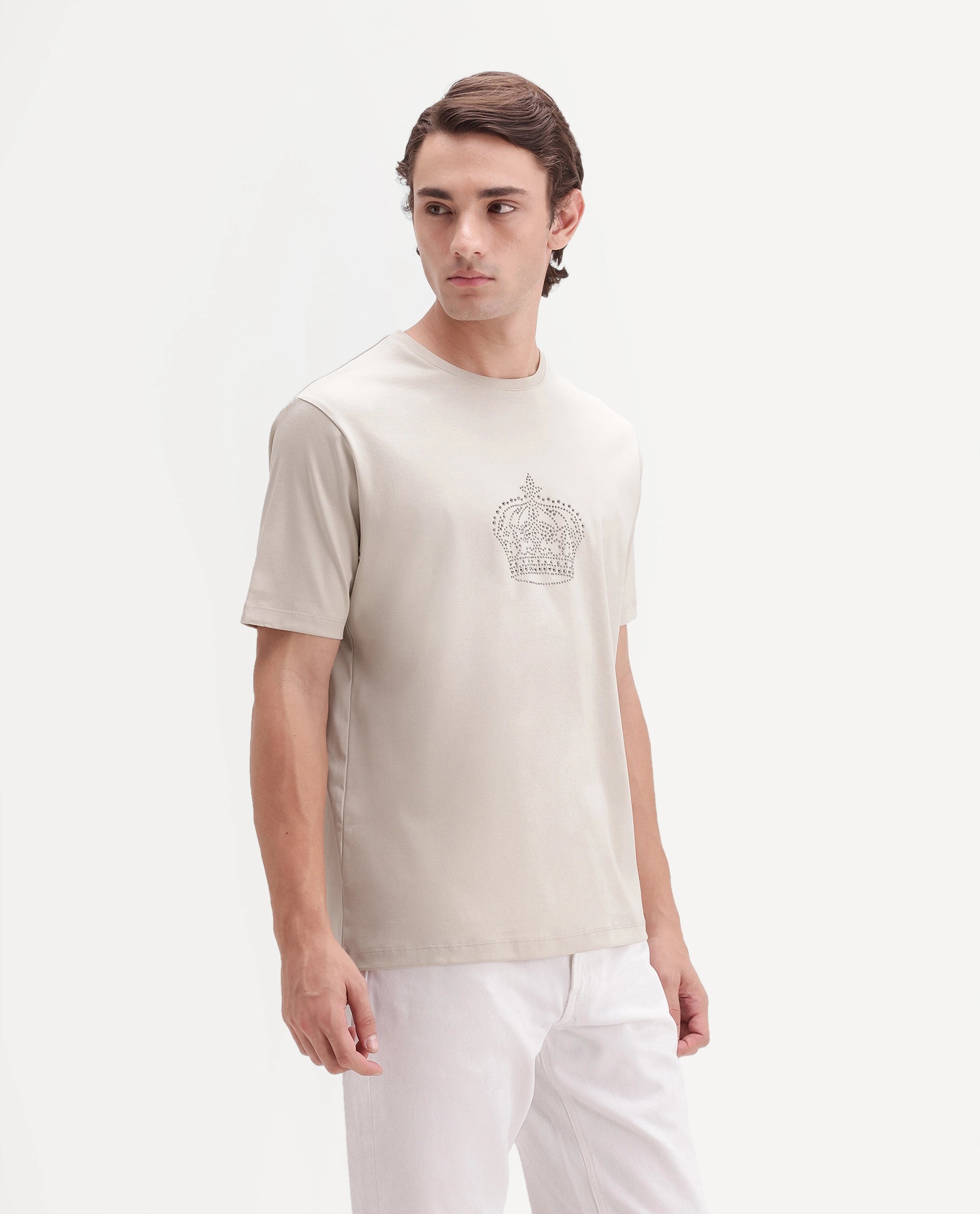 Rare Rabbit Men's Lazer Light Beige Cotton Crew Neck Regular Graphic Print T-Shirt