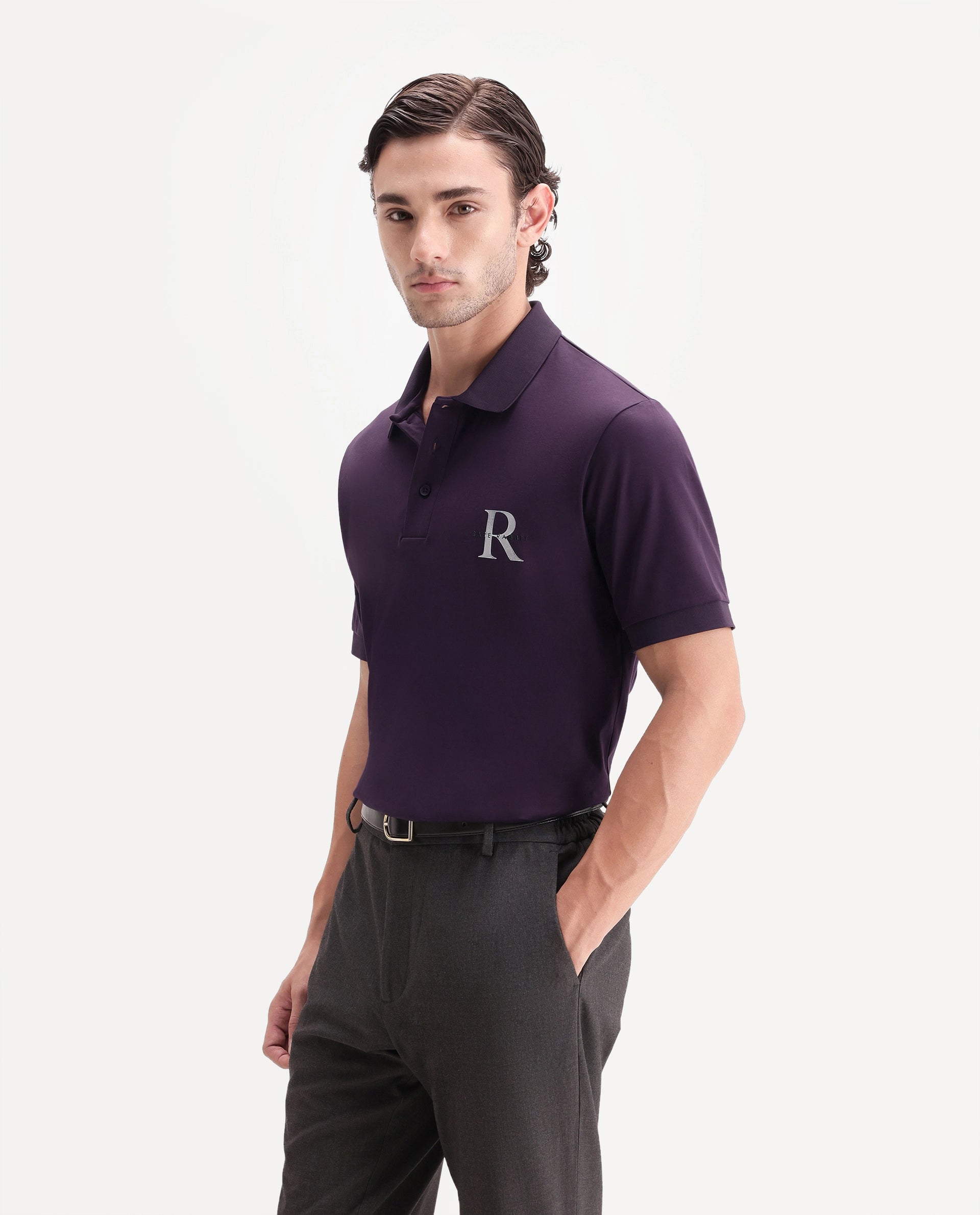 Rare Rabbit Men's Raffi Dark Purple Cotton Spread Collar Regular Plain Polo