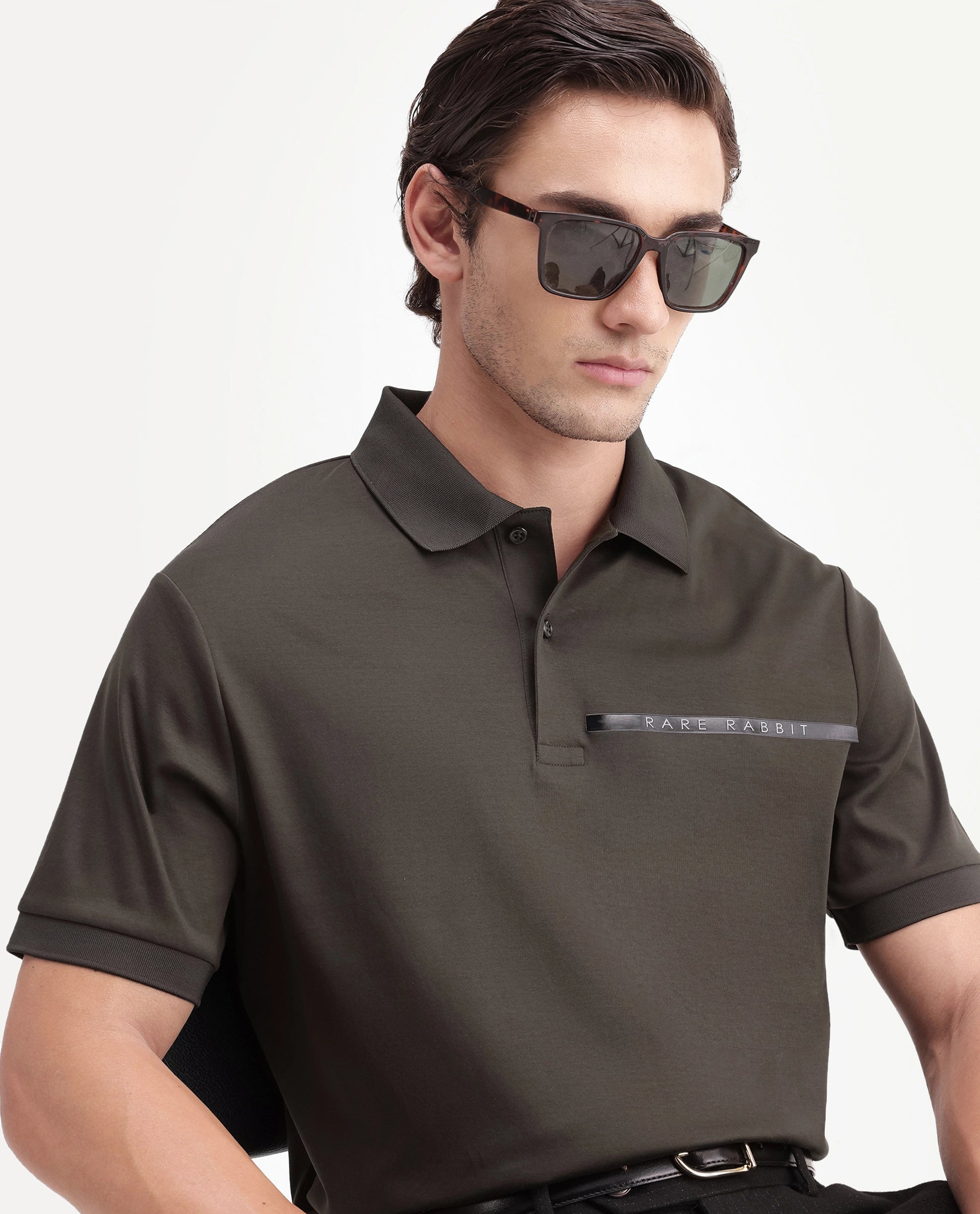 Rare Rabbit Men's Ean Dark Olive Cotton Spread Collar Regular Plain Polo