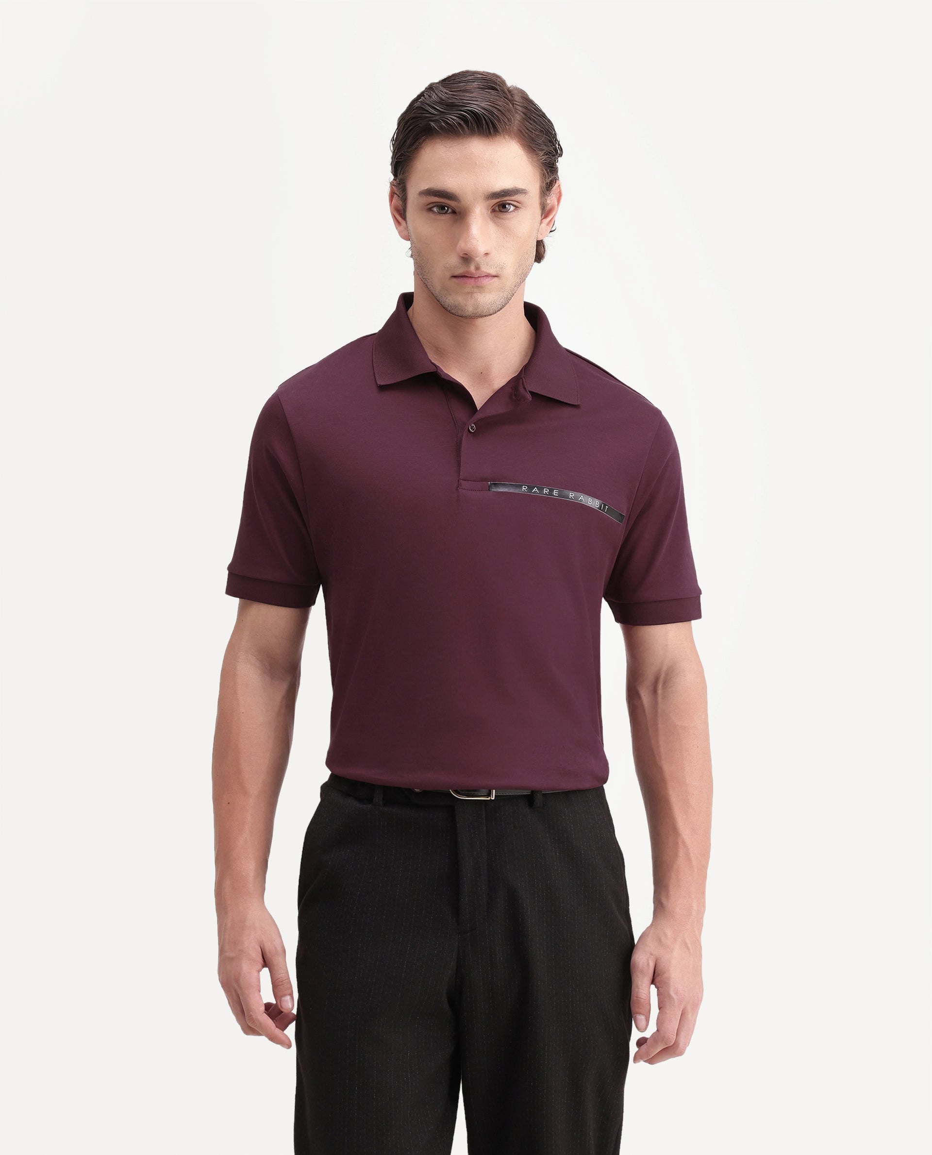 Rare Rabbit Men's Ean Dark Maroon Cotton Spread Collar Regular Plain Polo