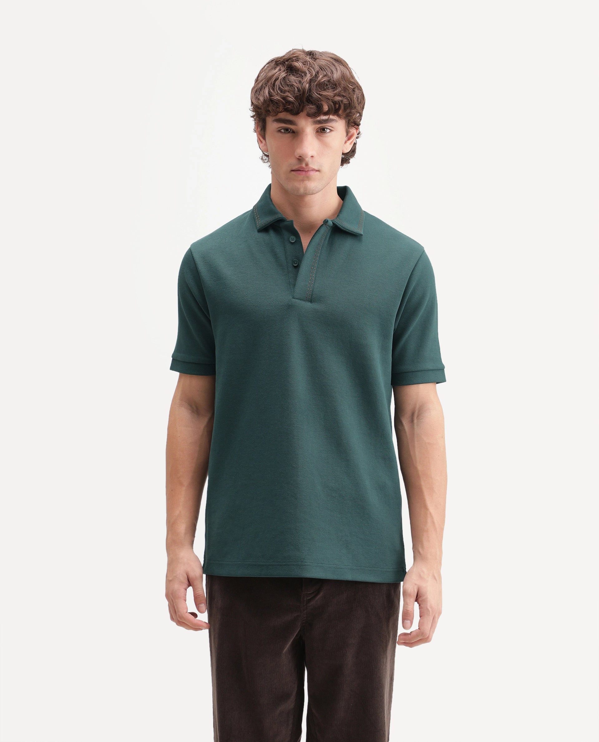 Rare Rabbit Men's Skowl-A26 Dark Green Cotton Blend Spread Collar Regular Jacquard Polo