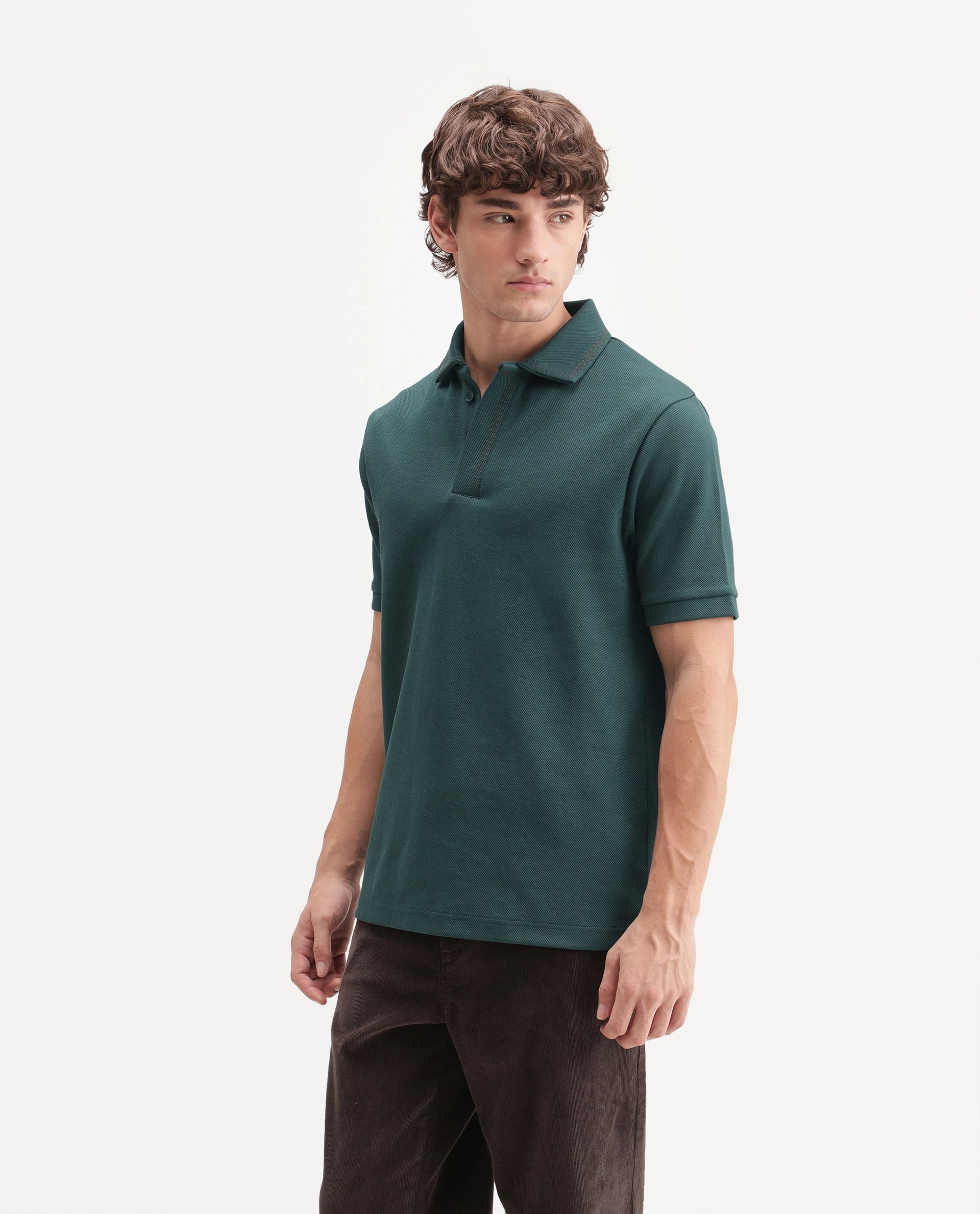 Rare Rabbit Men's Skowl-A26 Dark Green Cotton Blend Spread Collar Regular Jacquard Polo