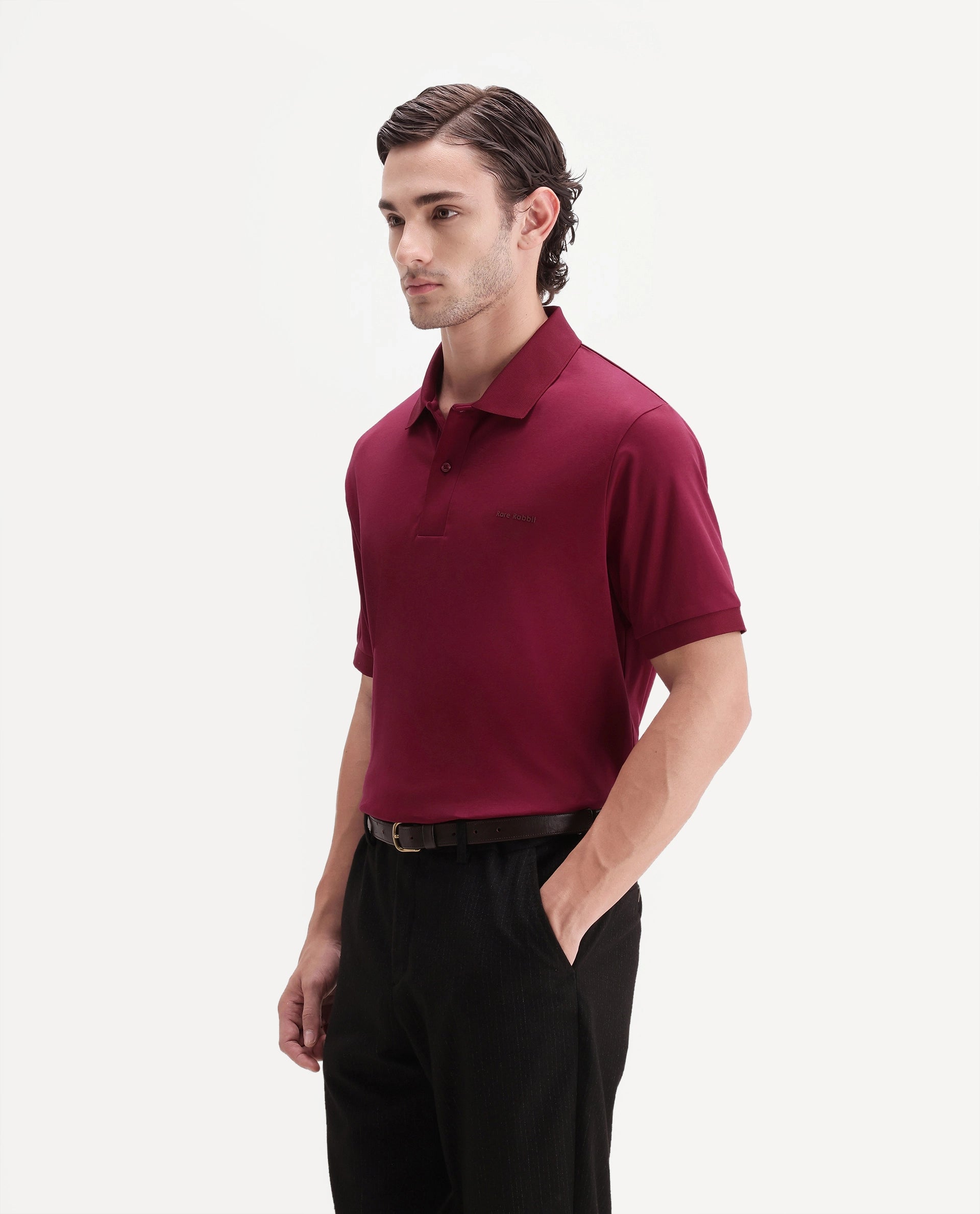 Rare Rabbit Men's Row-A26 Red Cotton Spread Collar Regular Plain Polo