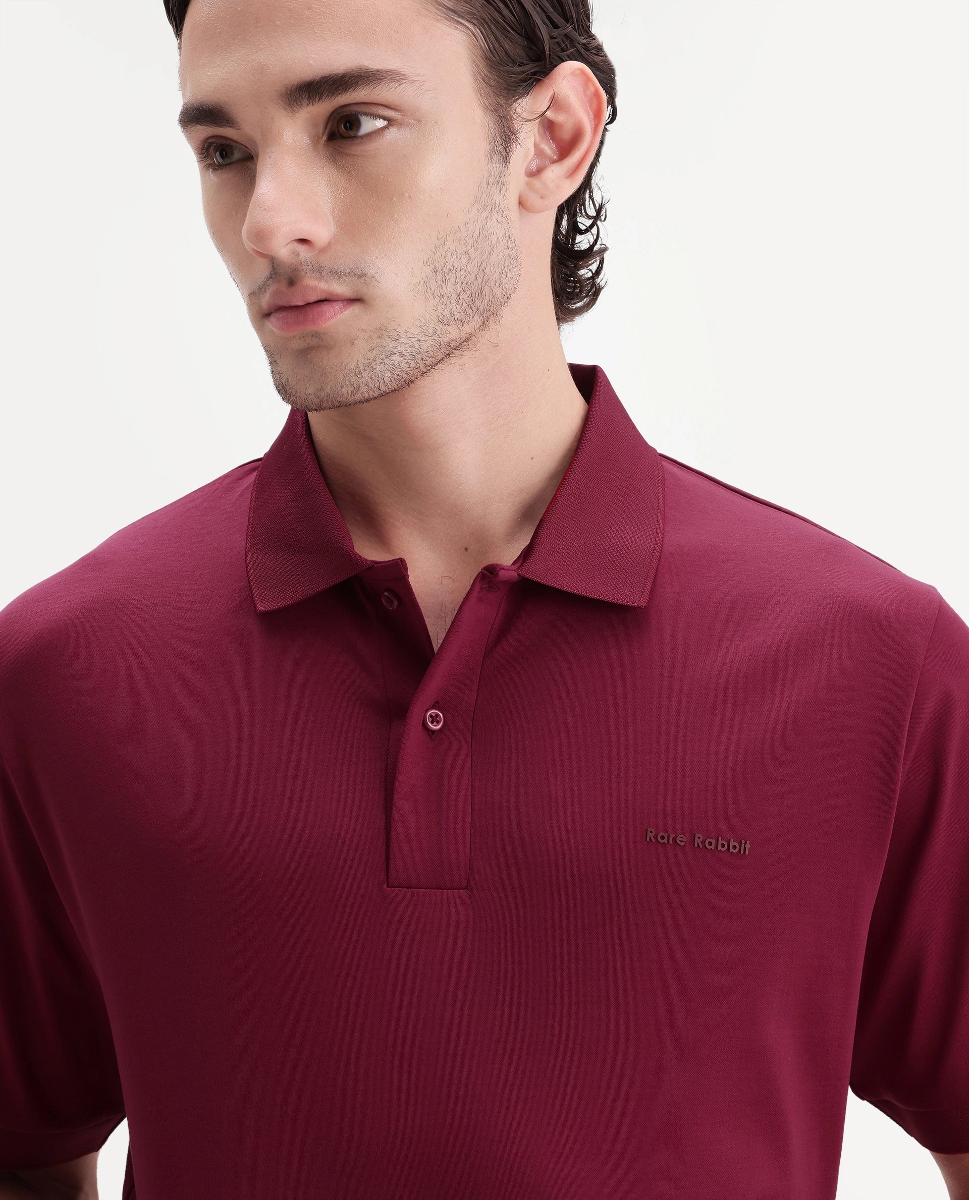 Rare Rabbit Men's Row-A26 Red Cotton Spread Collar Regular Plain Polo