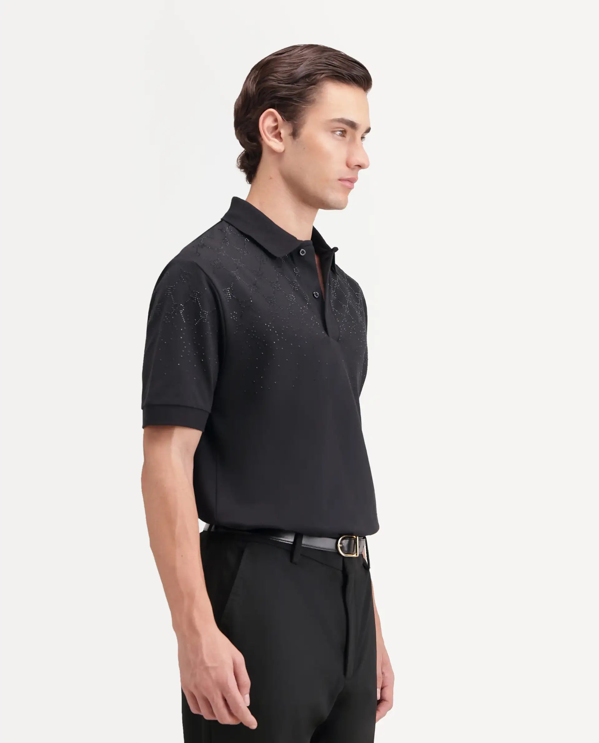 Rare Rabbit Men's Jen Black Cotton Blend Spread Collar Regular Monogram Polo
