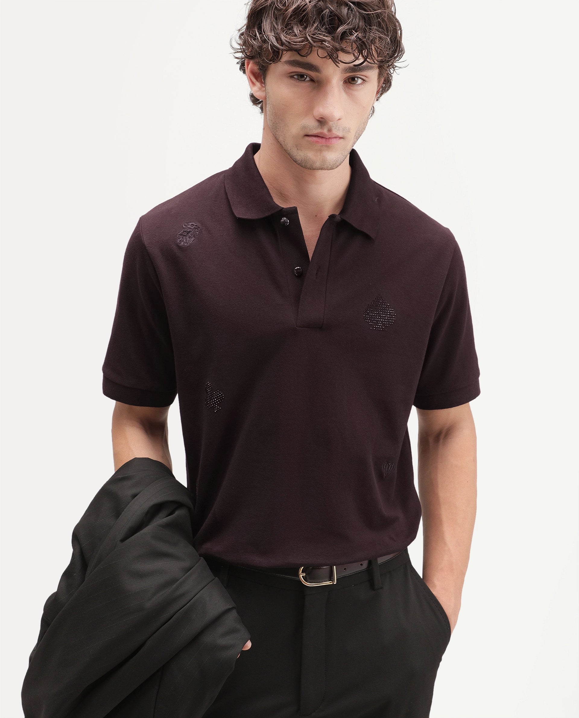 Rare Rabbit Men's Sven Dark Maroon Cotton Blend Spread Collar Regular Embroidered Polo