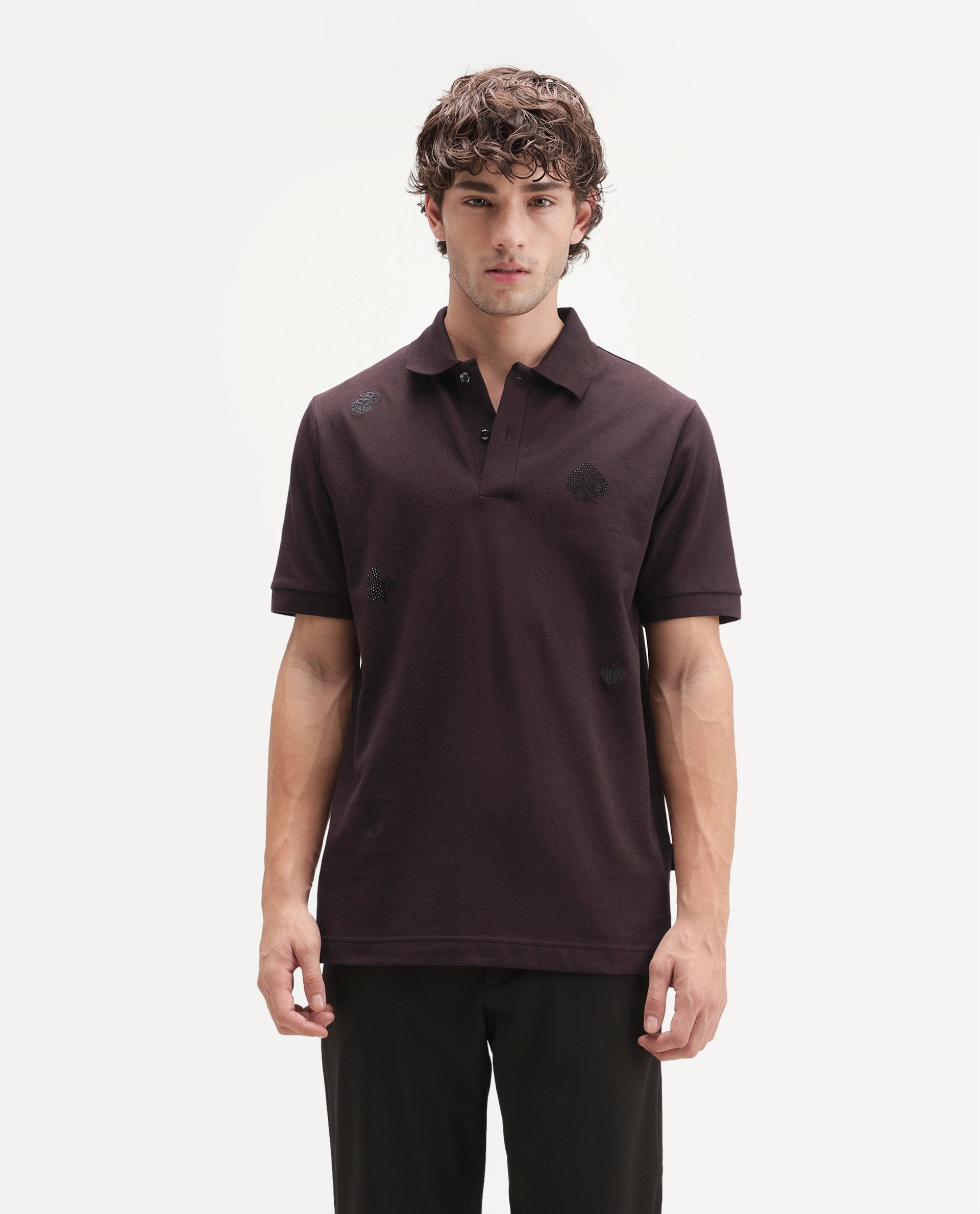 Rare Rabbit Men's Sven Dark Maroon Cotton Blend Spread Collar Regular Embroidered Polo