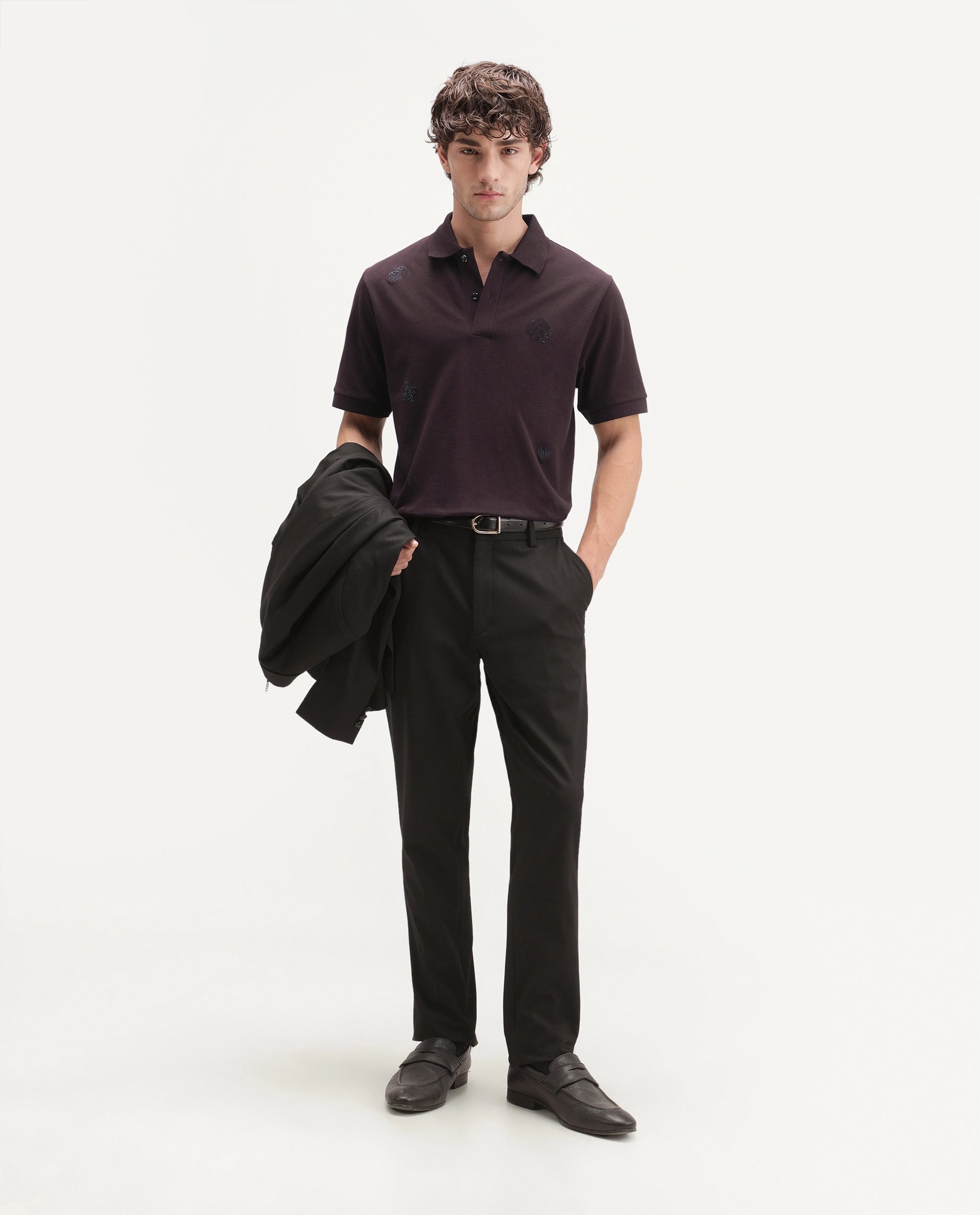Rare Rabbit Men's Sven Dark Maroon Cotton Blend Spread Collar Regular Embroidered Polo