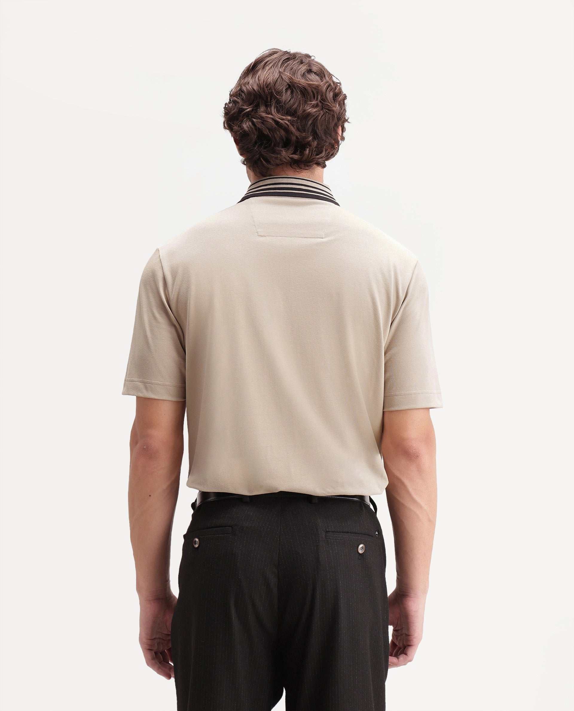 Rare Rabbit Men's Elio Beige Cotton Blend Spread Collar Regular Plain Polo