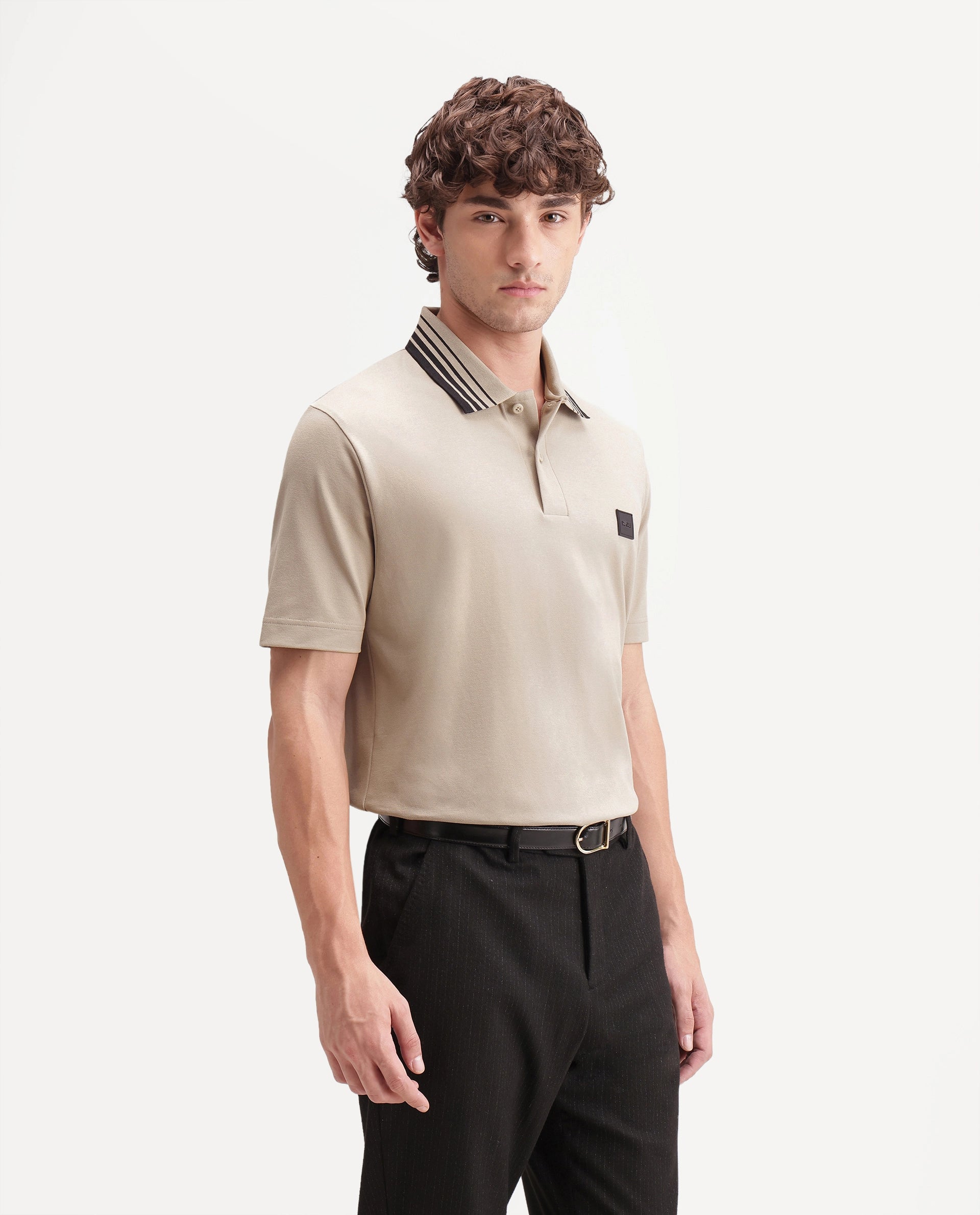 Rare Rabbit Men's Elio Beige Cotton Blend Spread Collar Regular Plain Polo