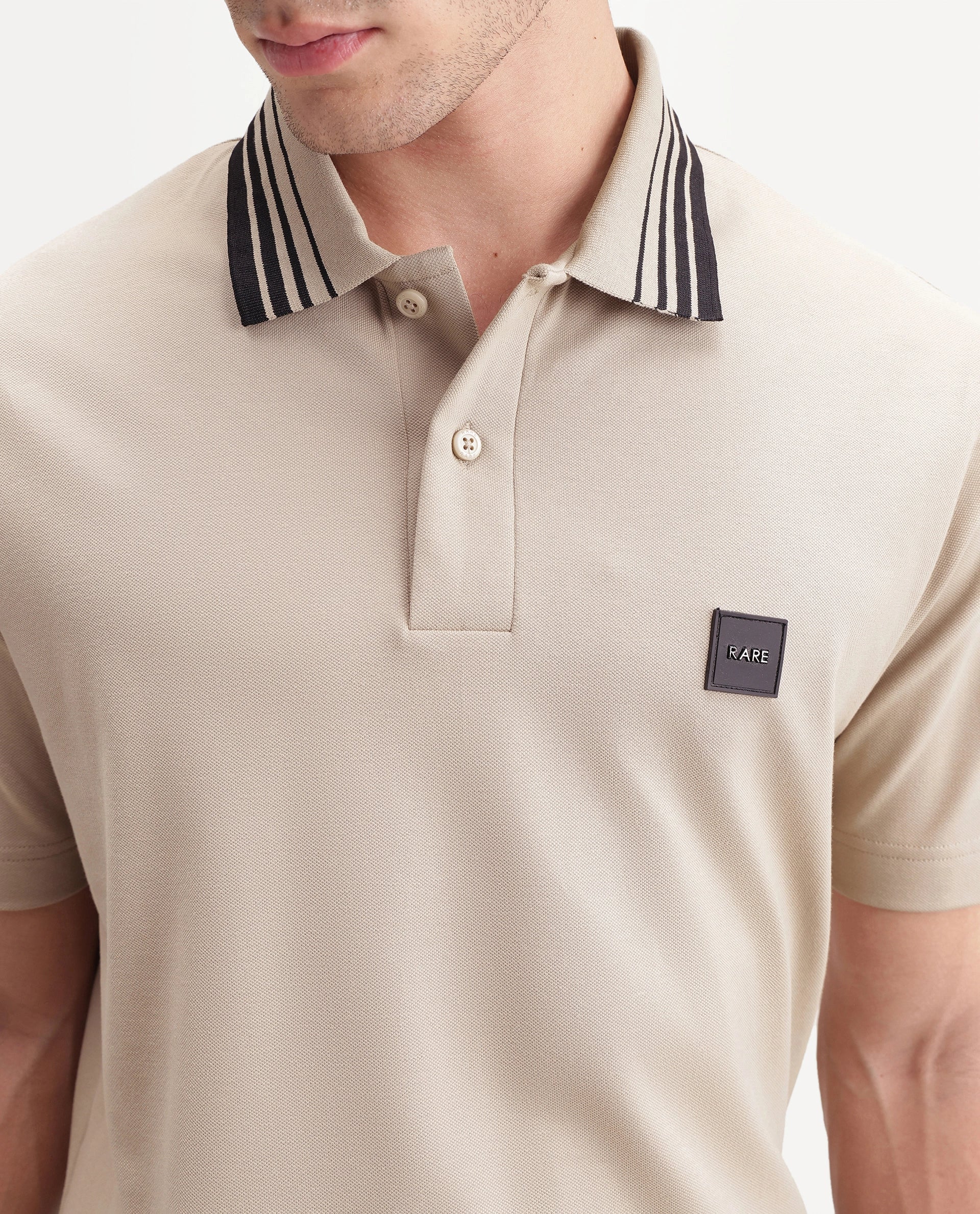 Rare Rabbit Men's Elio Beige Cotton Blend Spread Collar Regular Plain Polo