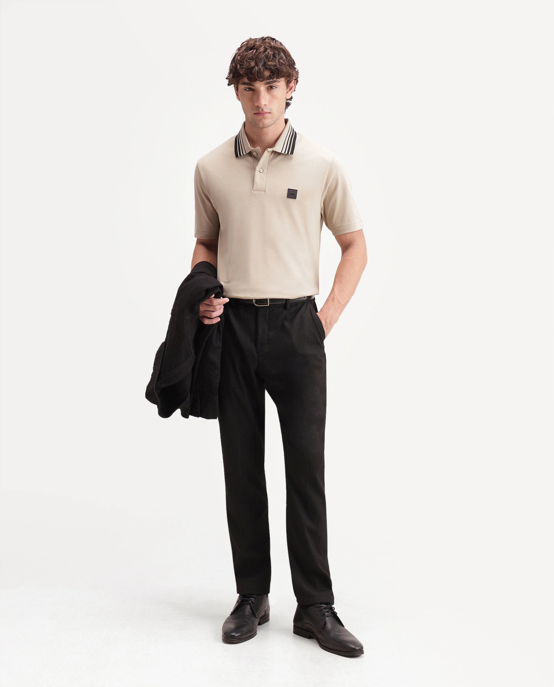 Rare Rabbit Men's Elio Beige Cotton Blend Spread Collar Regular Plain Polo