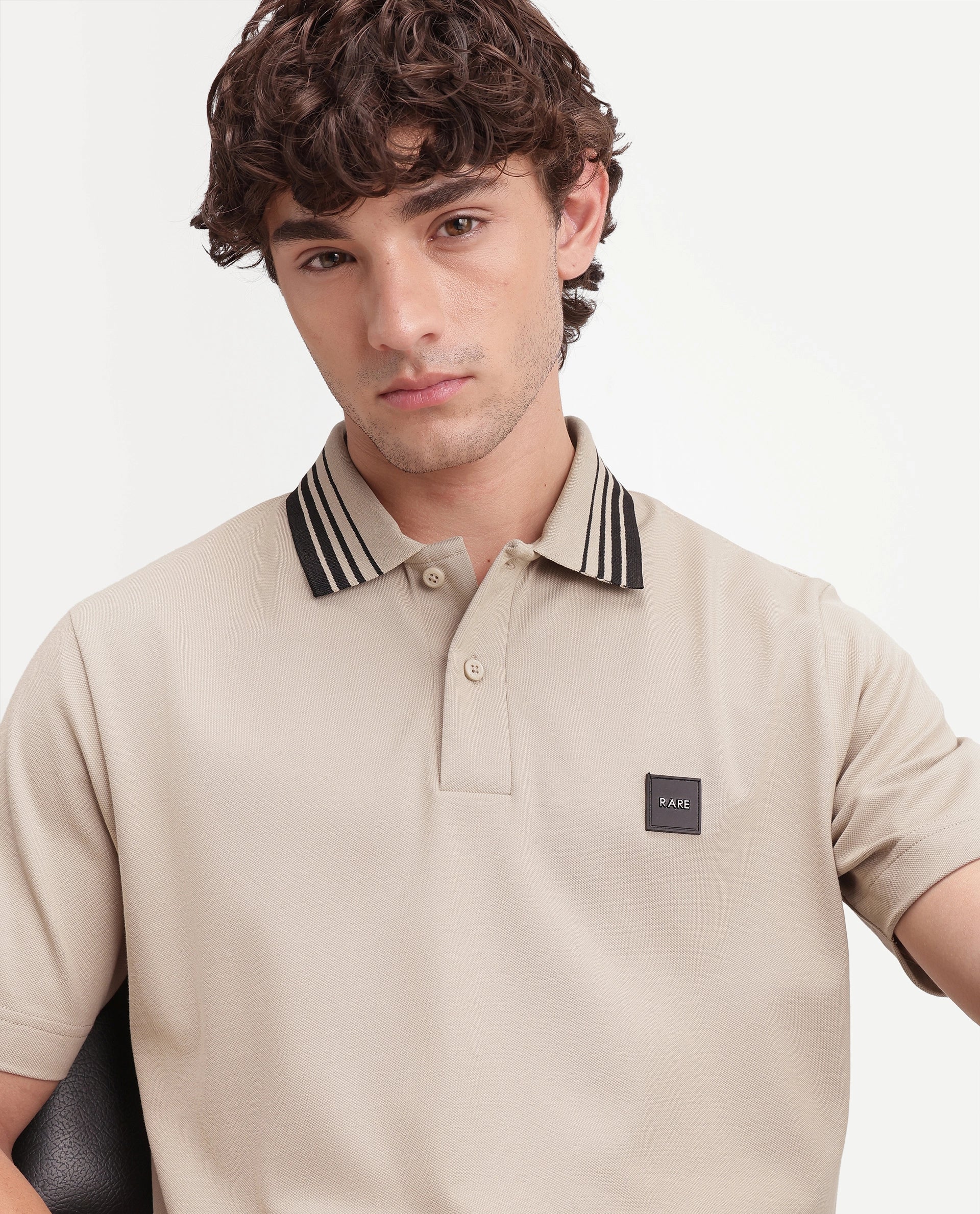 Rare Rabbit Men's Elio Beige Cotton Blend Spread Collar Regular Plain Polo