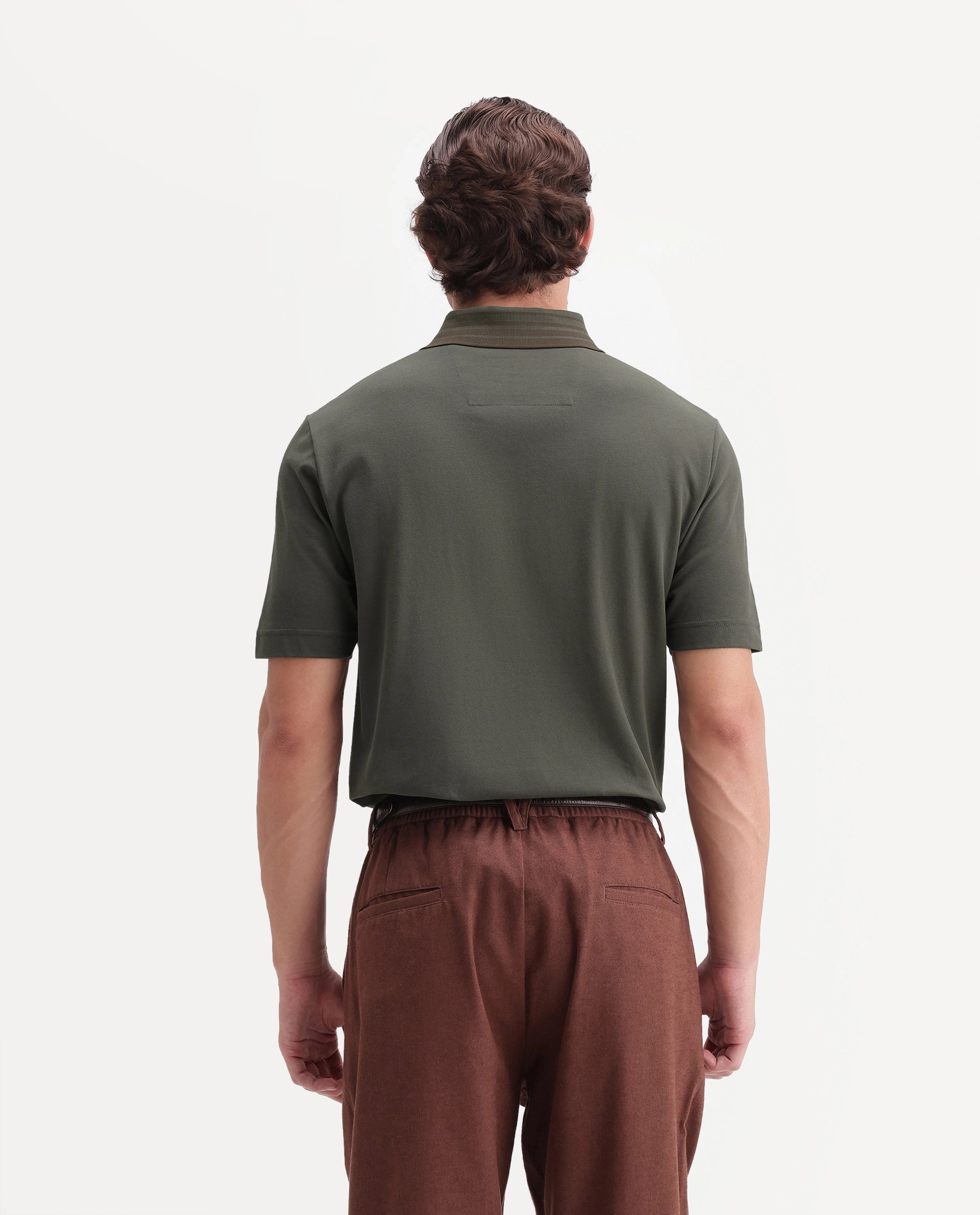 Rare Rabbit Men's Elio Olive Cotton Blend Spread Collar Regular Plain Polo
