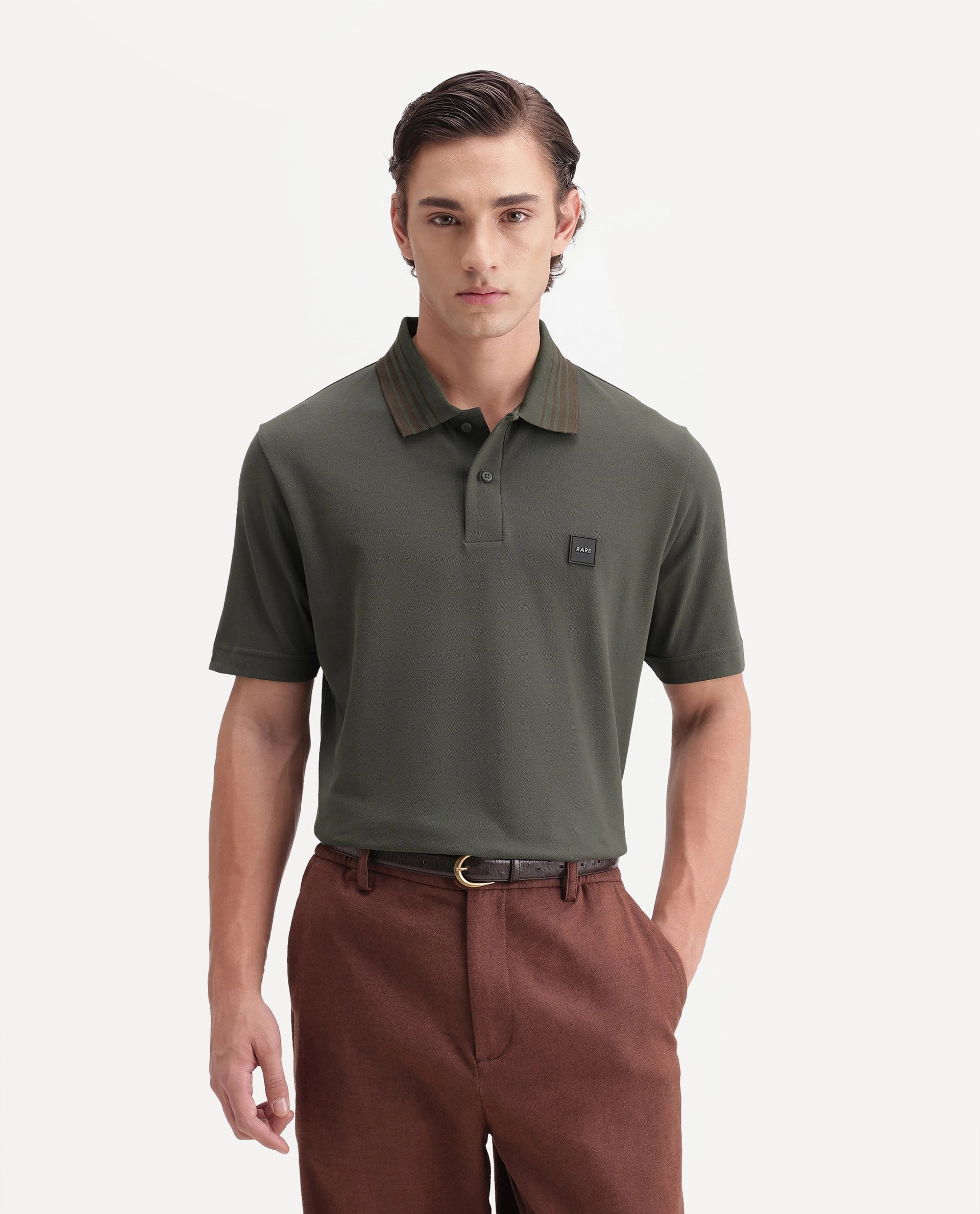 Rare Rabbit Men's Elio Olive Cotton Blend Spread Collar Regular Plain Polo