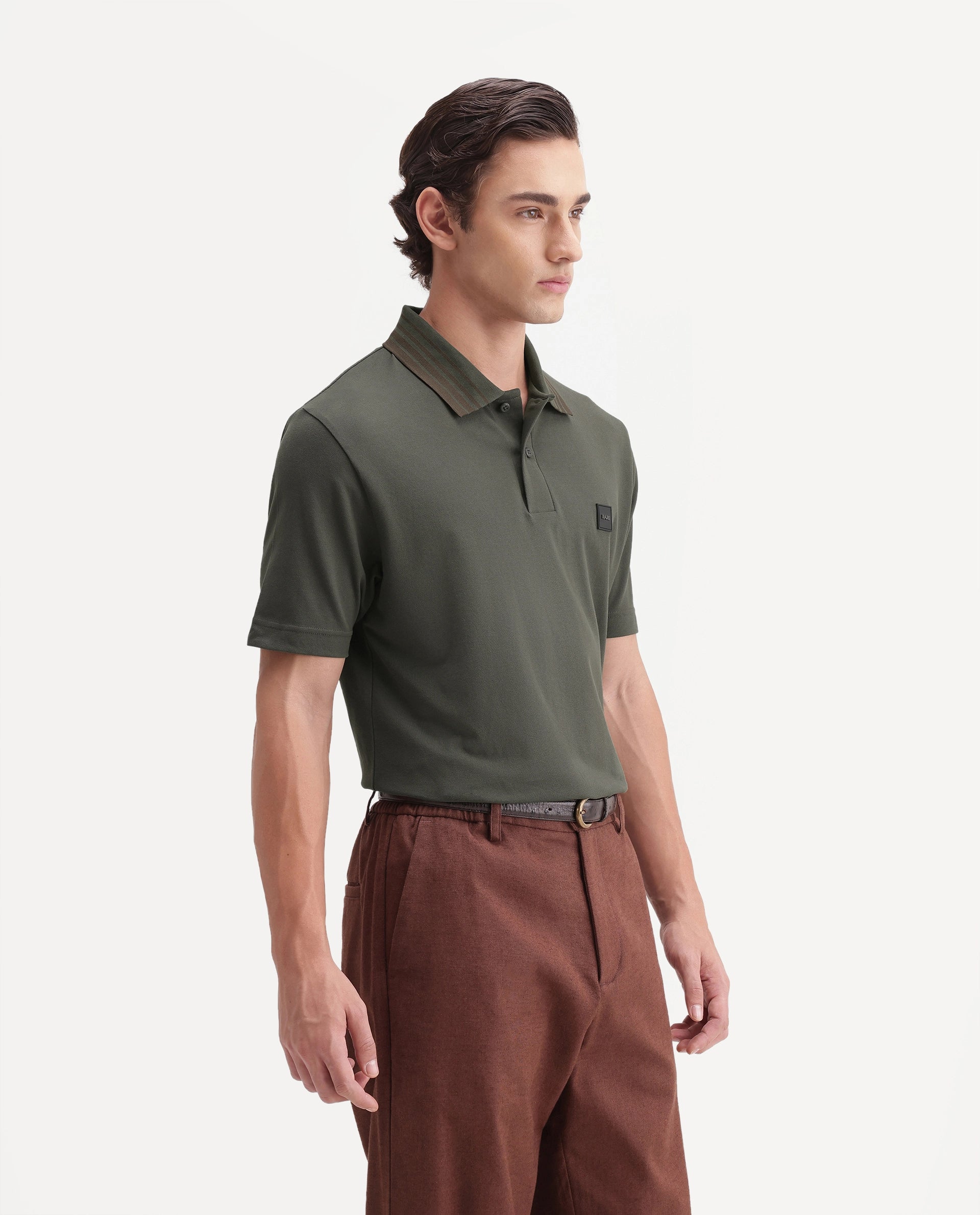 Rare Rabbit Men's Elio Olive Cotton Blend Spread Collar Regular Plain Polo