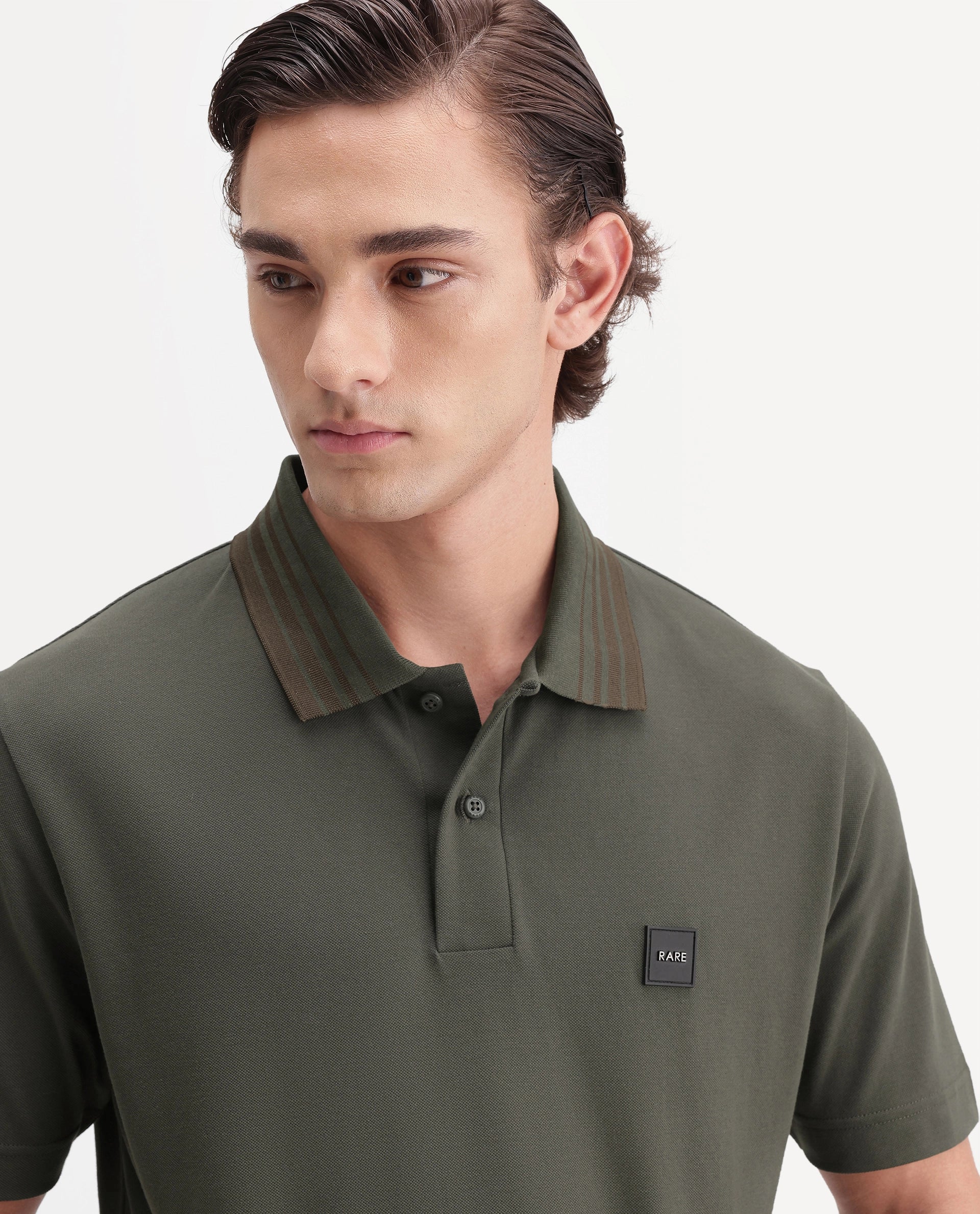Rare Rabbit Men's Elio Olive Cotton Blend Spread Collar Regular Plain Polo