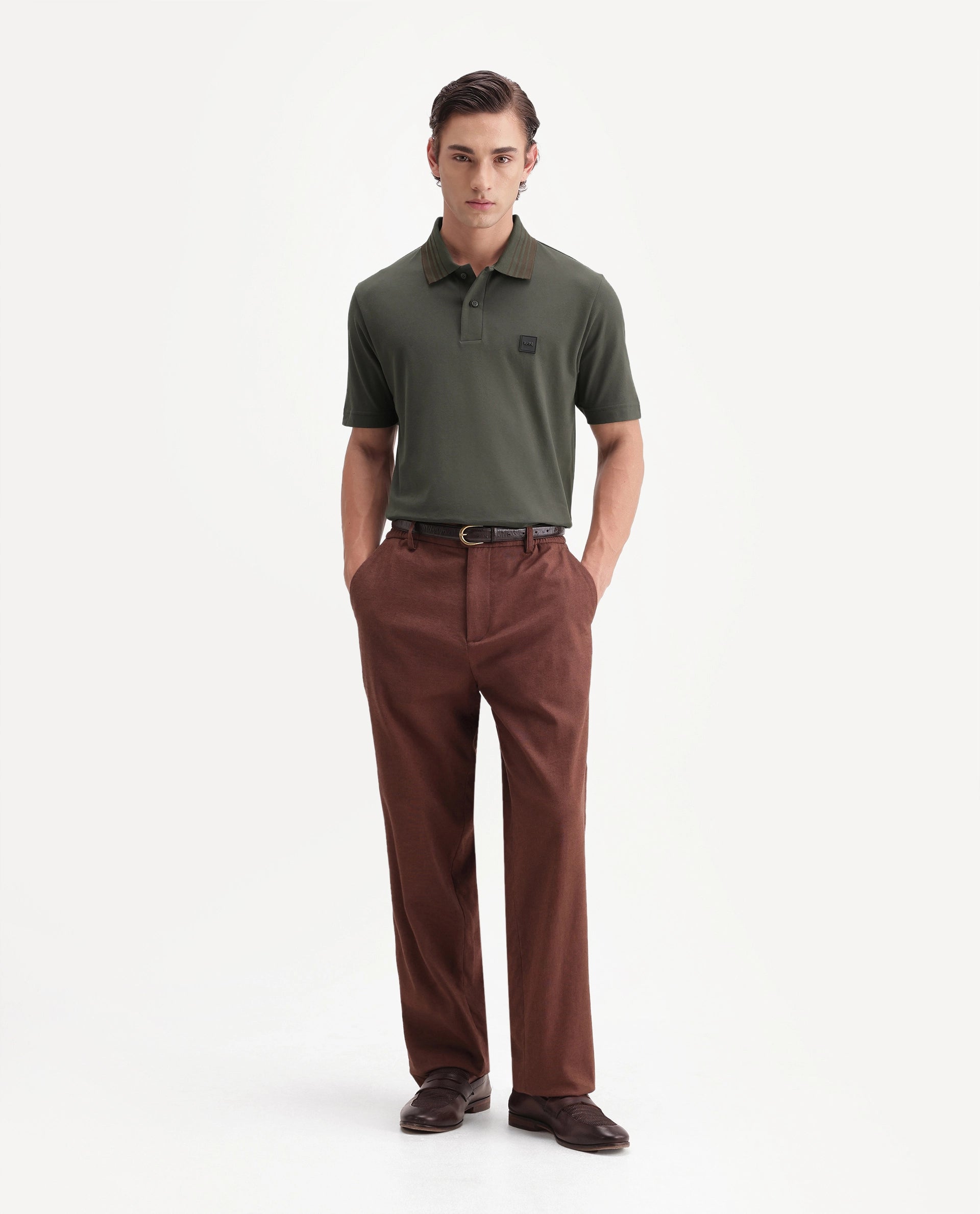 Rare Rabbit Men's Elio Olive Cotton Blend Spread Collar Regular Plain Polo