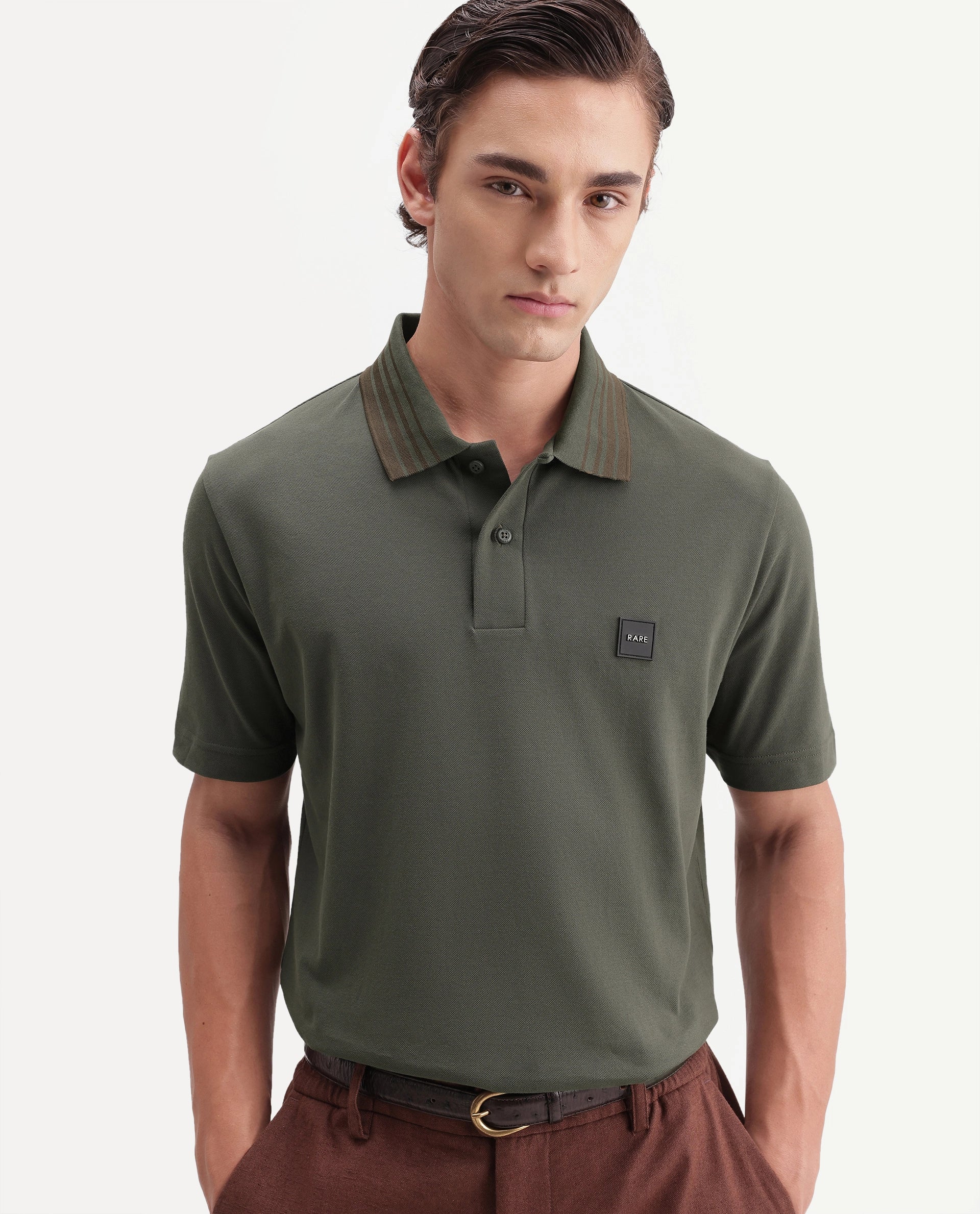 Rare Rabbit Men's Elio Olive Cotton Blend Spread Collar Regular Plain Polo