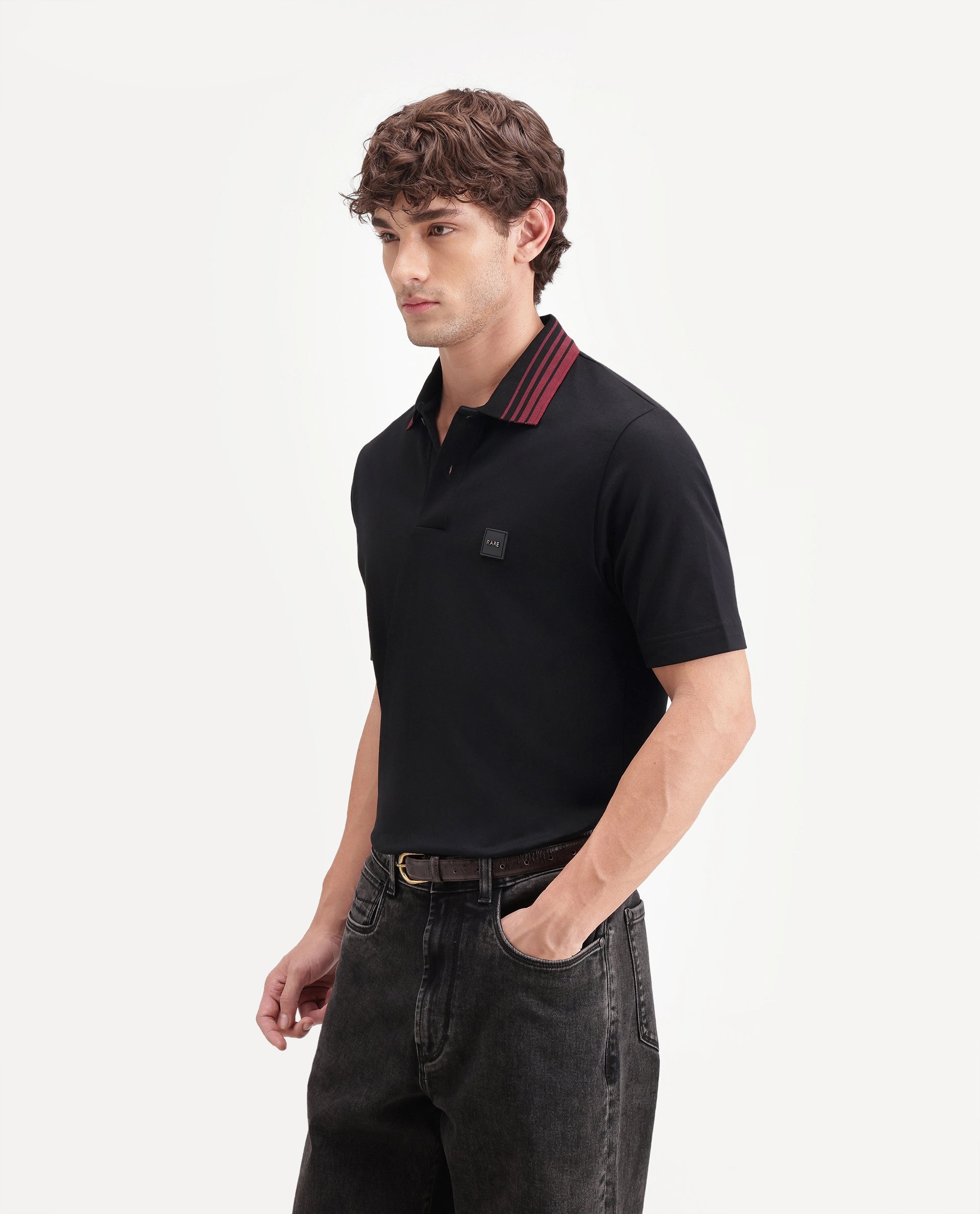 Rare Rabbit Men's Elio Black Cotton Blend Spread Collar Regular Plain Polo