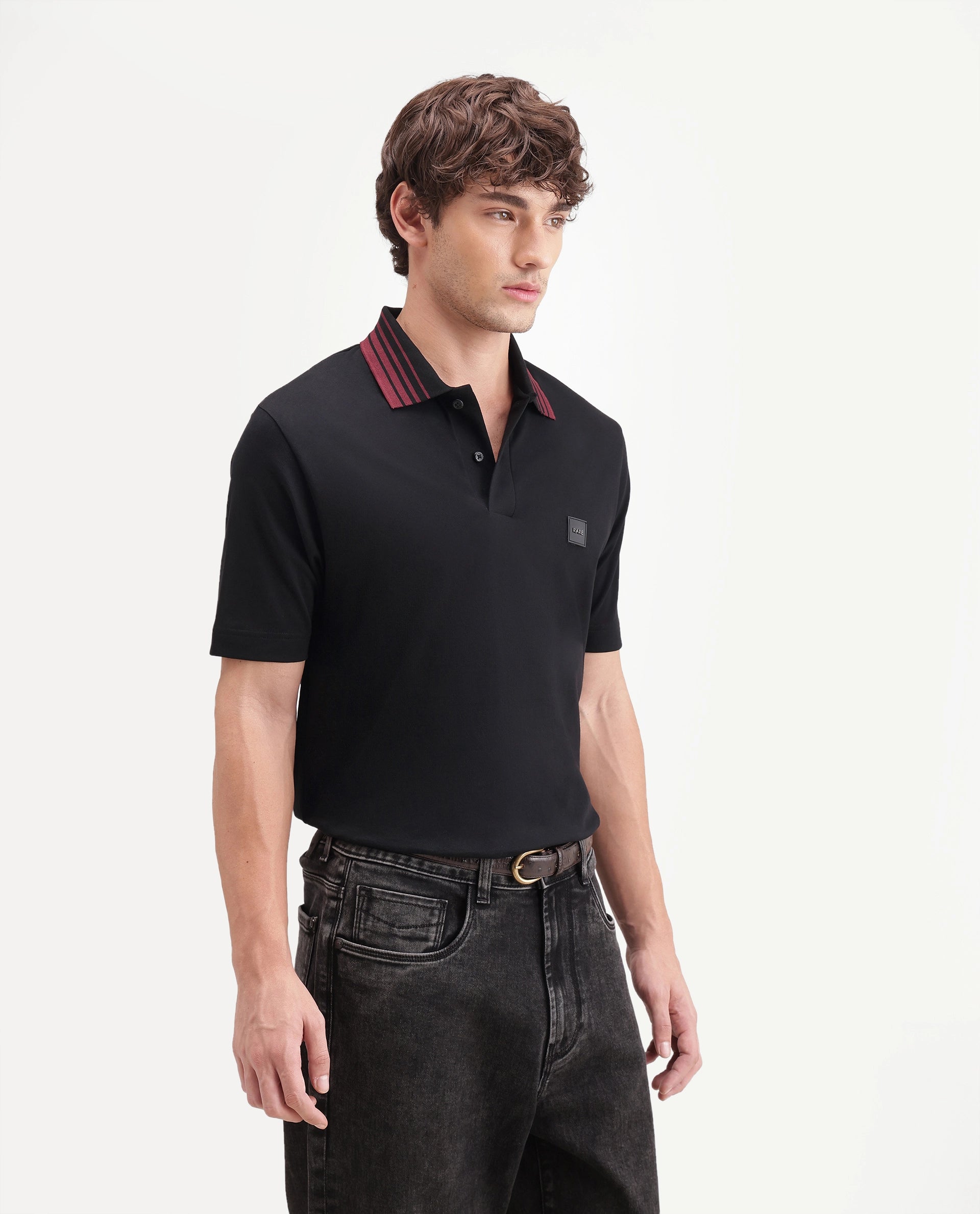 Rare Rabbit Men's Elio Black Cotton Blend Spread Collar Regular Plain Polo