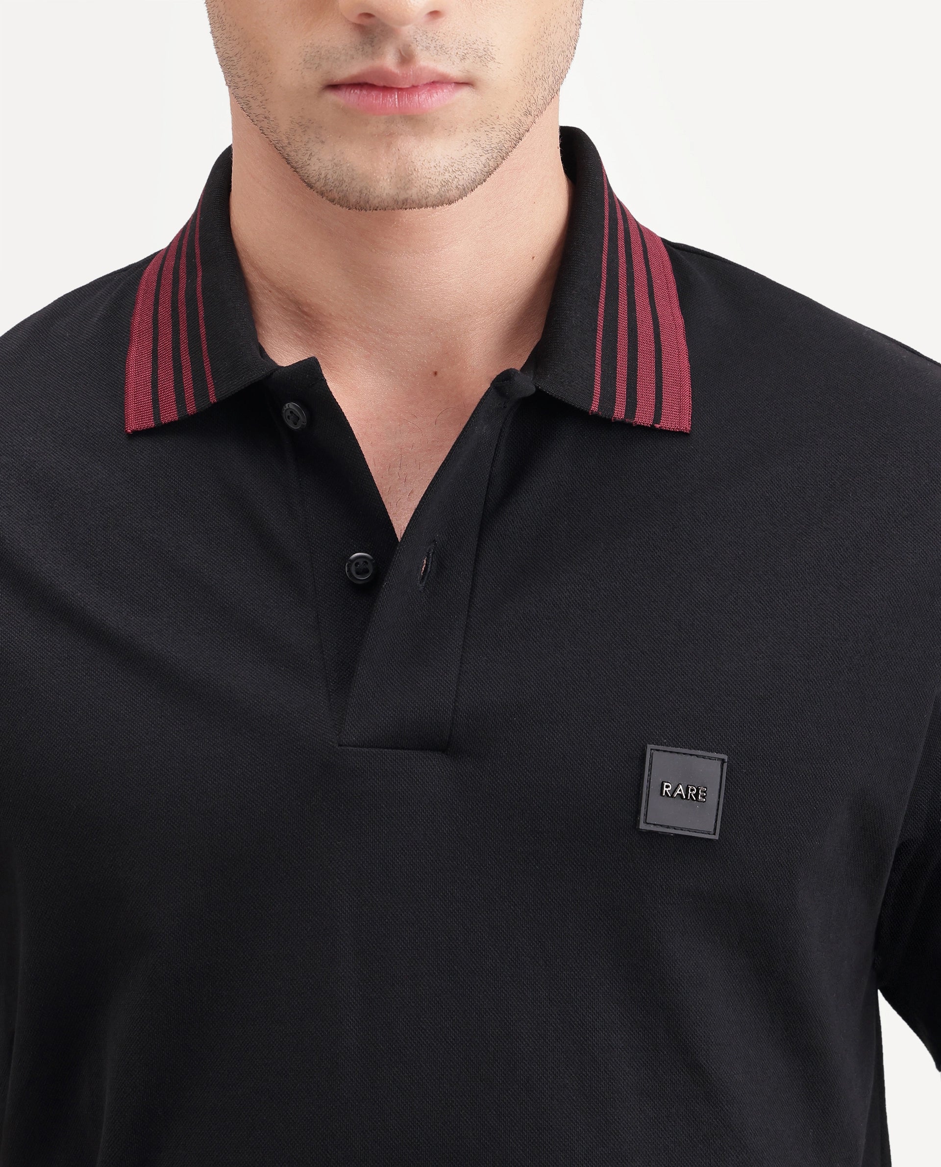 Rare Rabbit Men's Elio Black Cotton Blend Spread Collar Regular Plain Polo