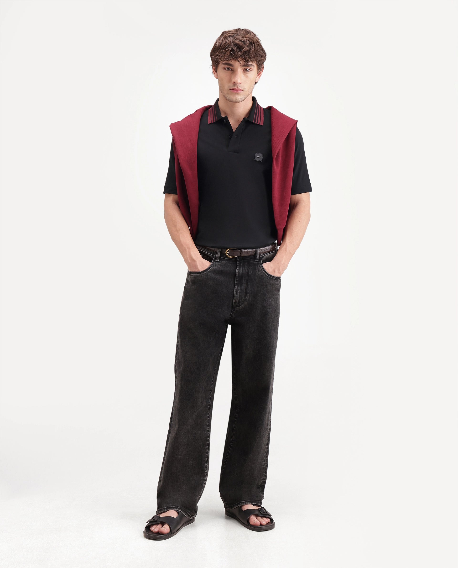 Rare Rabbit Men's Elio Black Cotton Blend Spread Collar Regular Plain Polo