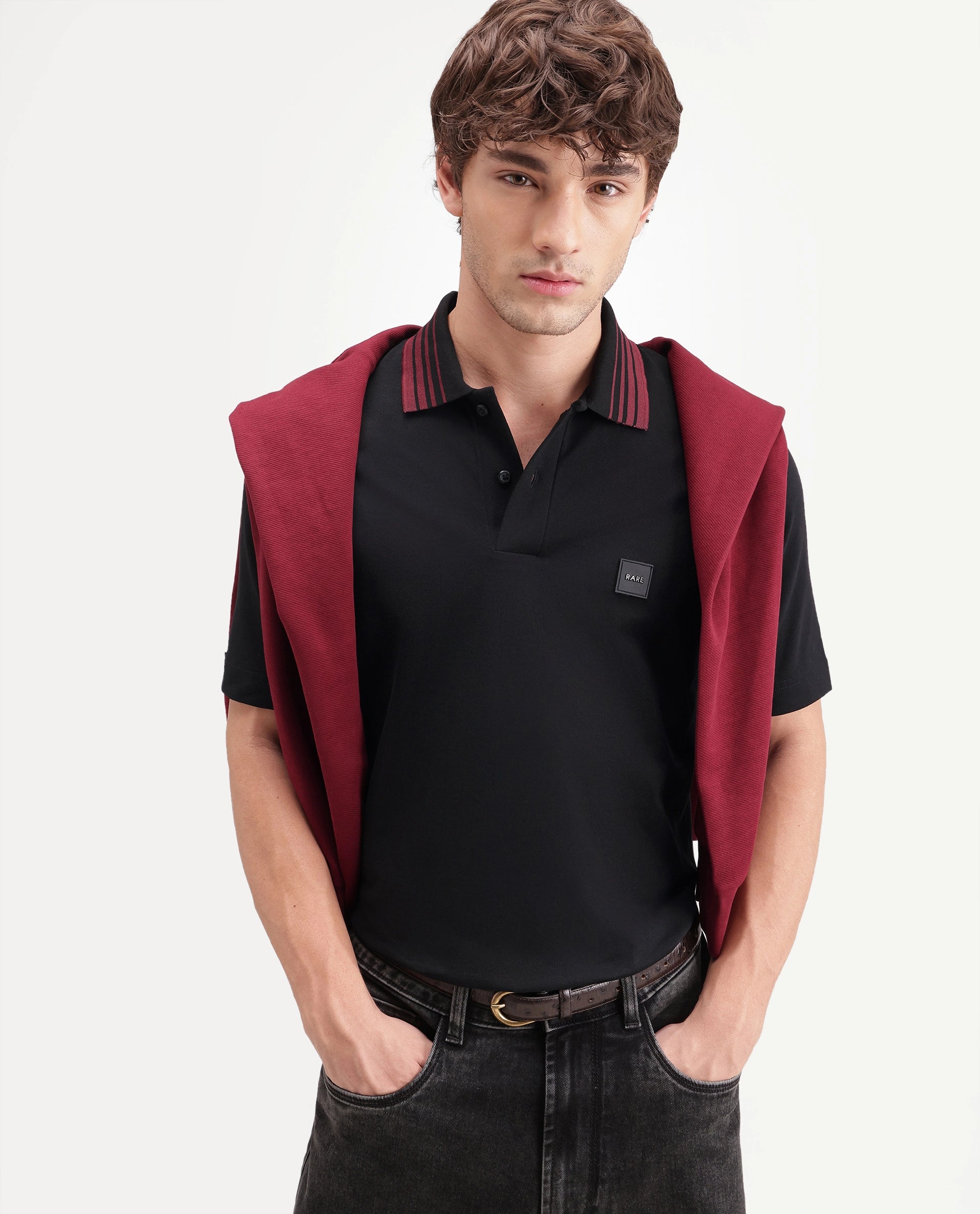 Rare Rabbit Men's Elio Black Cotton Blend Spread Collar Regular Plain Polo