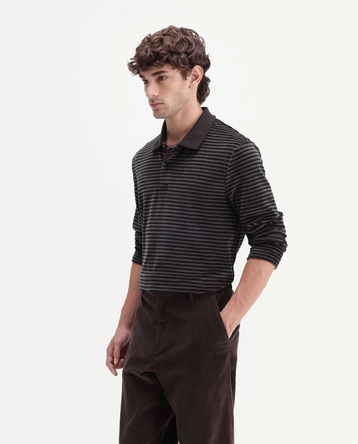 Rare Rabbit Men's Couv Brown Cotton Blend Spread Collar Regular Striped Polo