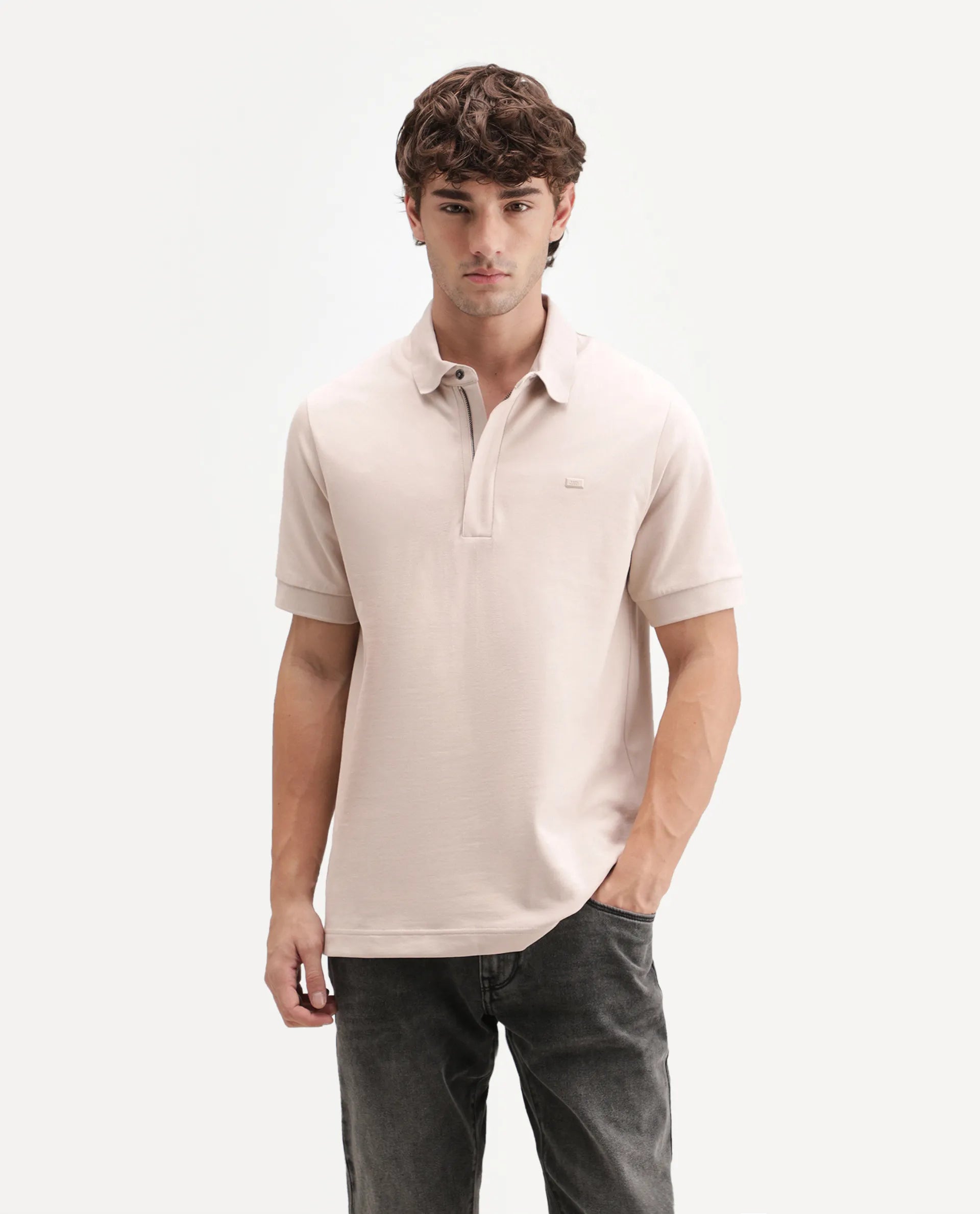 Rare Rabbit Men's Salis-A26 Light Beige Cotton Blend Spread Collar Regular Plain Polo