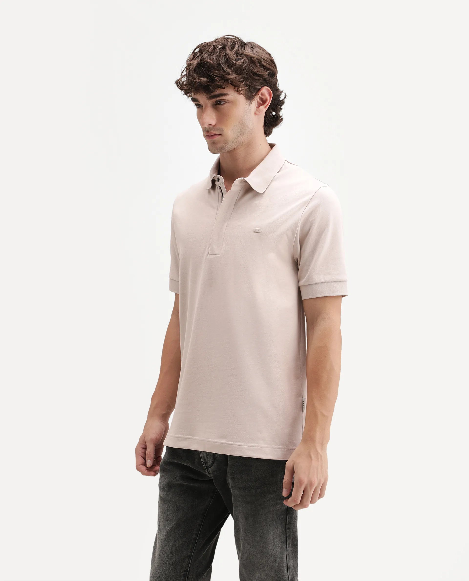 Rare Rabbit Men's Salis-A26 Light Beige Cotton Blend Spread Collar Regular Plain Polo