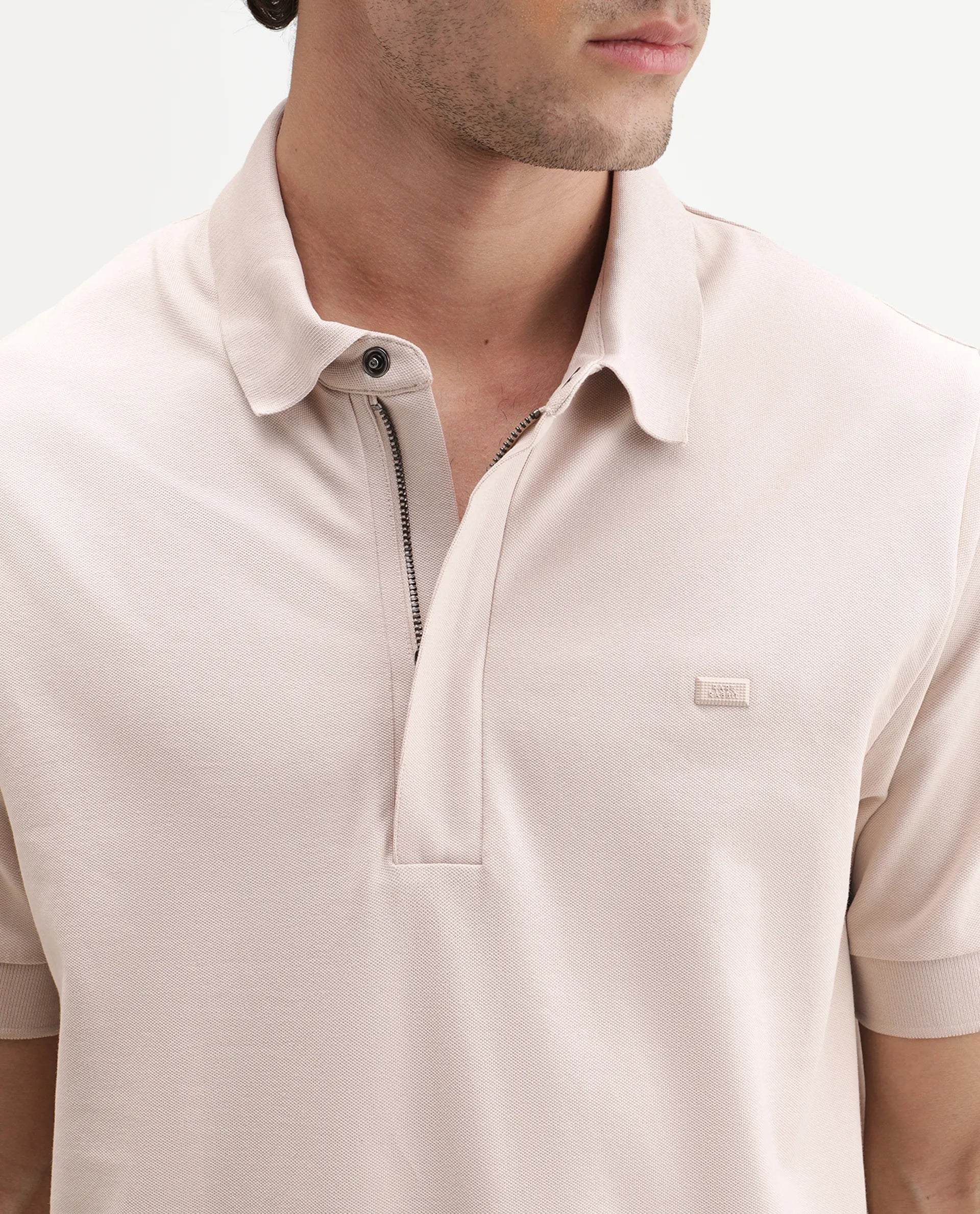 Rare Rabbit Men's Salis-A26 Light Beige Cotton Blend Spread Collar Regular Plain Polo