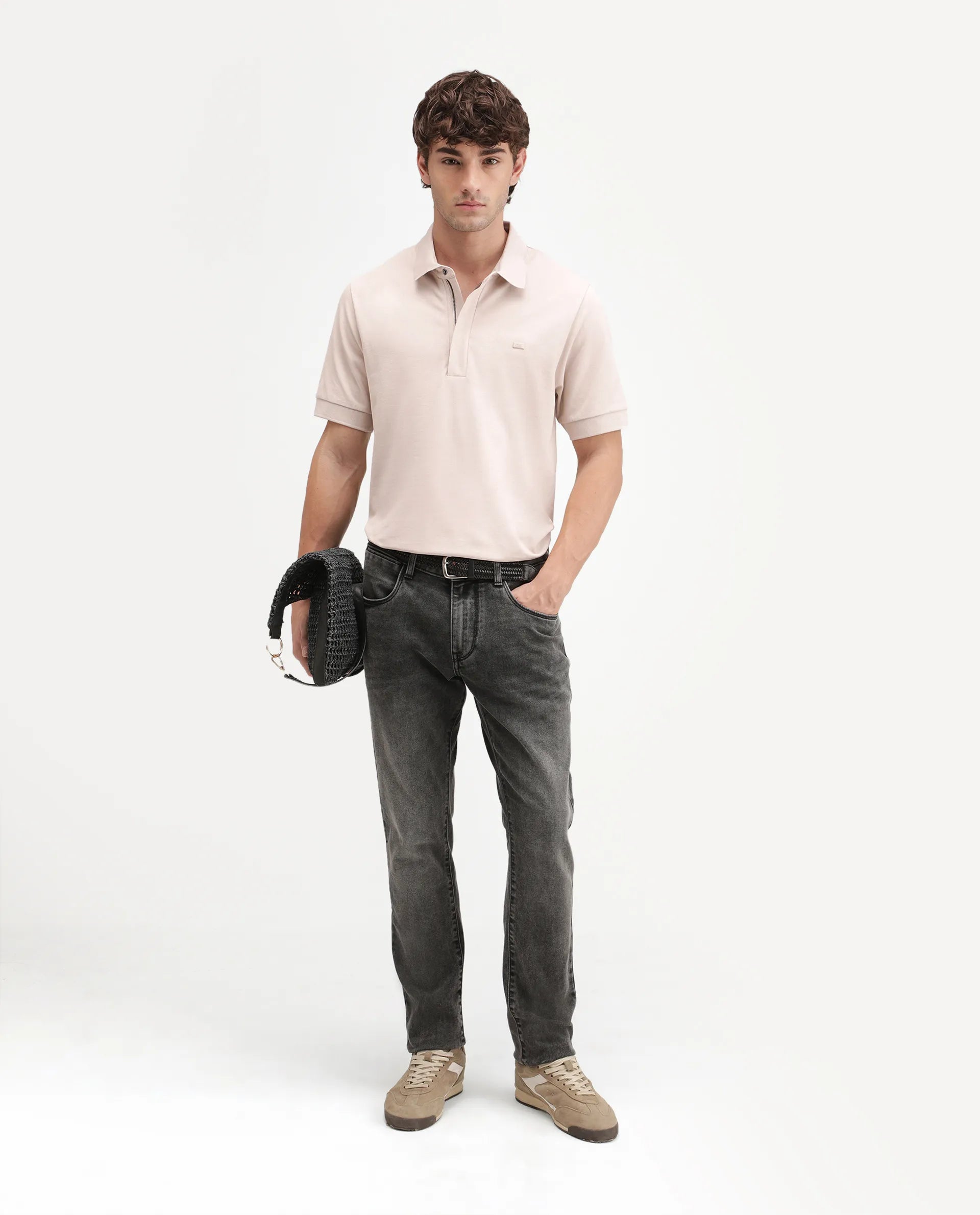 Rare Rabbit Men's Salis-A26 Light Beige Cotton Blend Spread Collar Regular Plain Polo