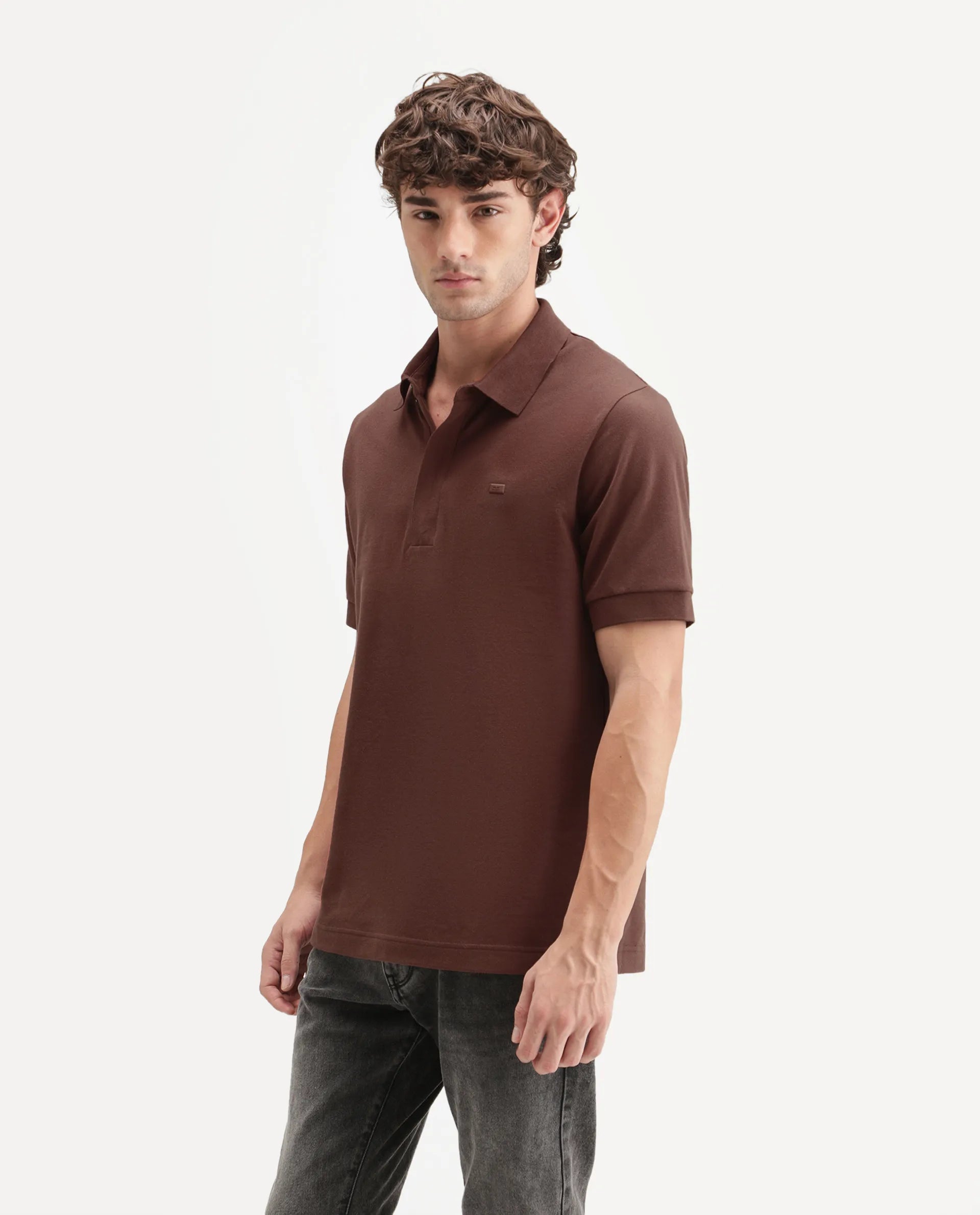 Rare Rabbit Men's Salis-A26 Dark Rust Cotton Blend Spread Collar Regular Plain Polo