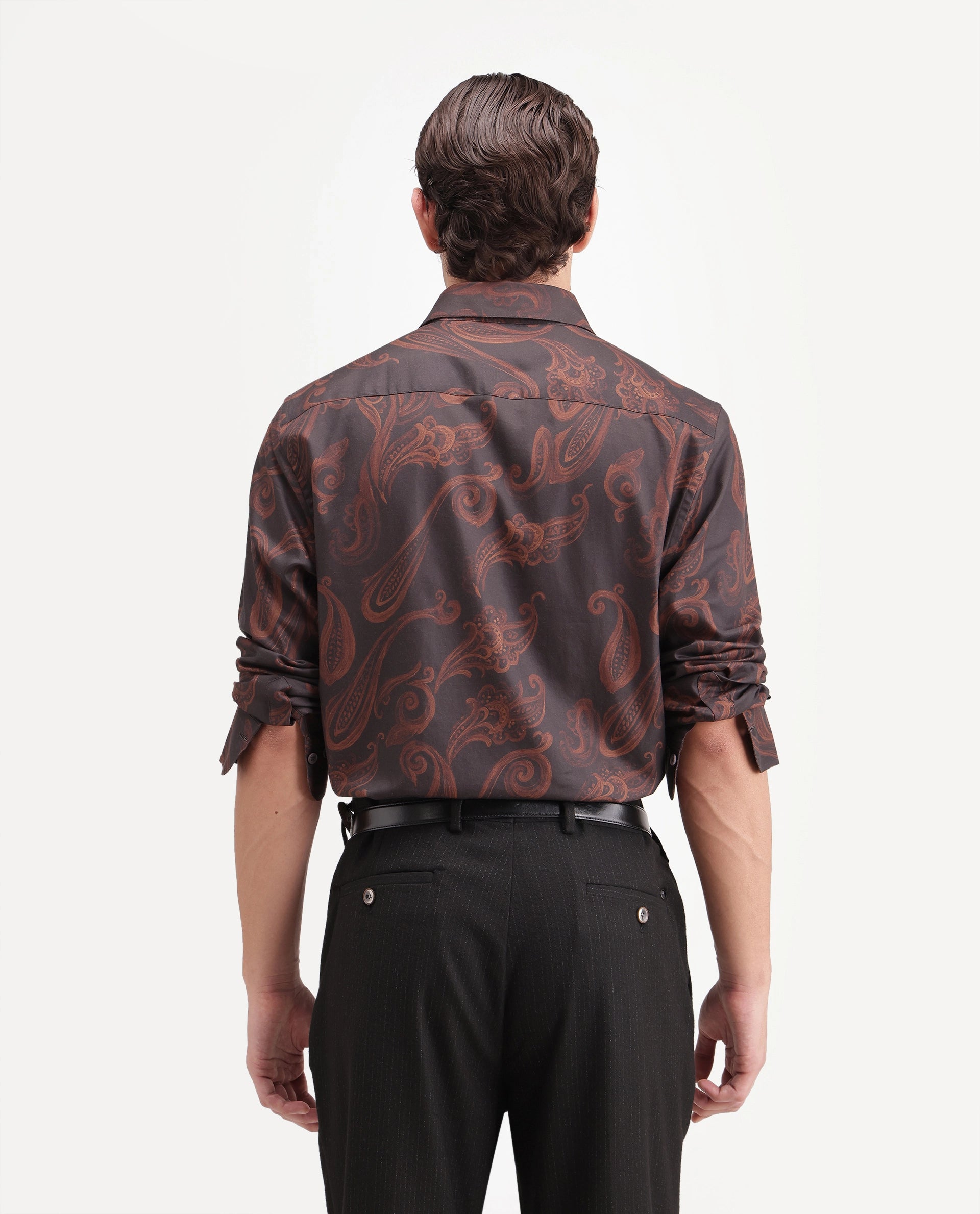 Rare Rabbit Men's True Dark Brown Cotton Blend Spread Collar Regular Paisley Print Shirt