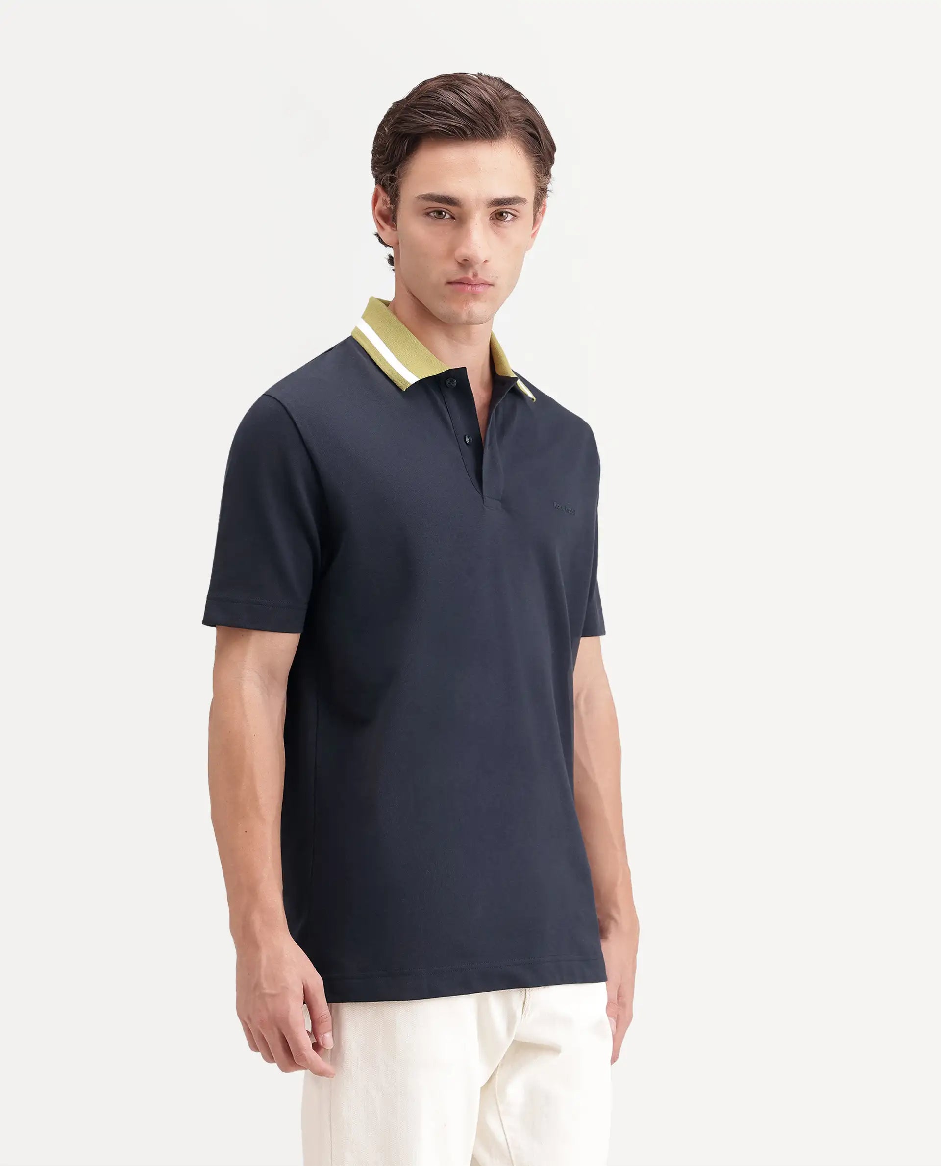 Rare Rabbit Men's Meson Navy Cotton Blend Spread Collar Regular Plain Polo
