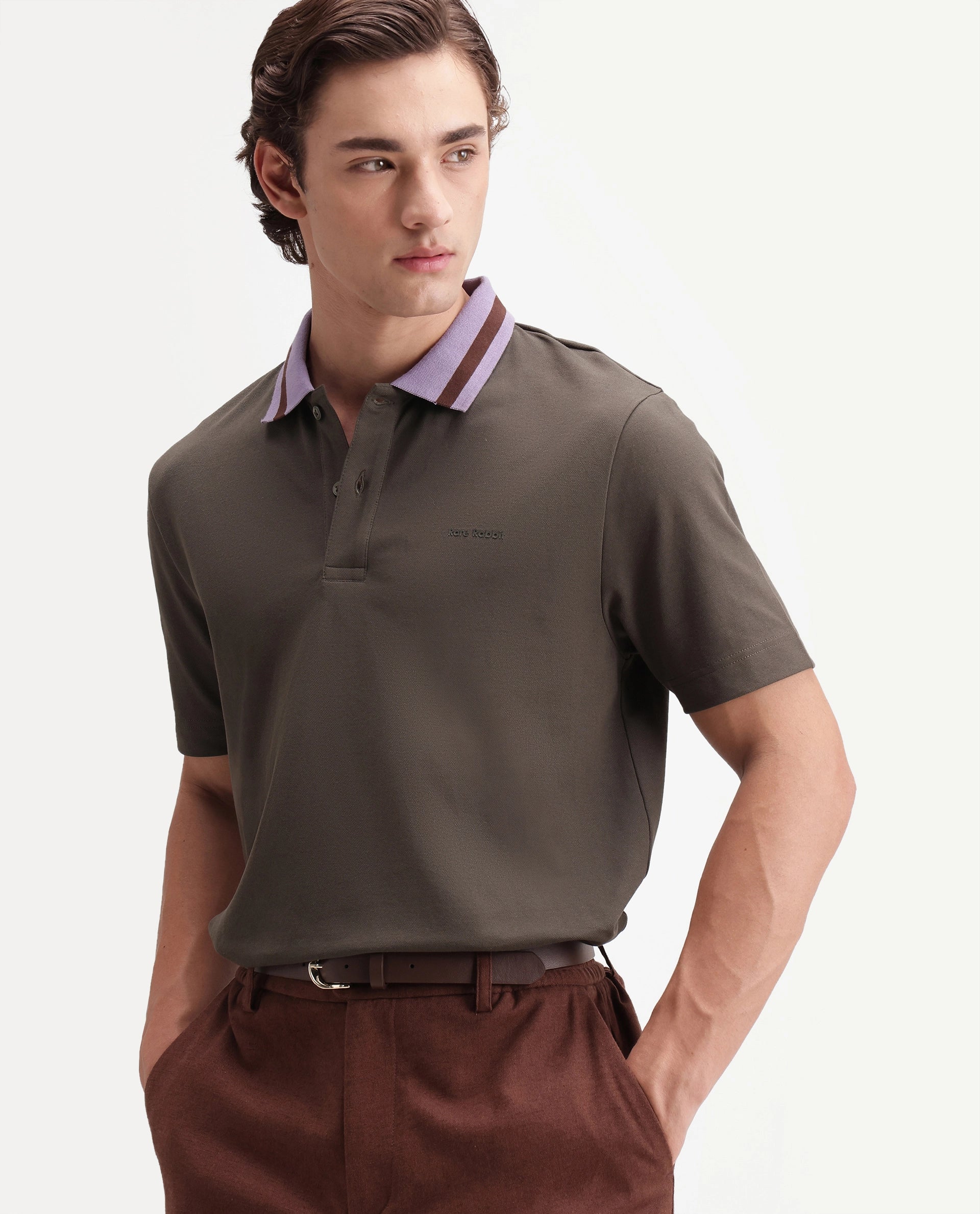 Rare Rabbit Men's Meson Olive Cotton Blend Spread Collar Regular Plain Polo