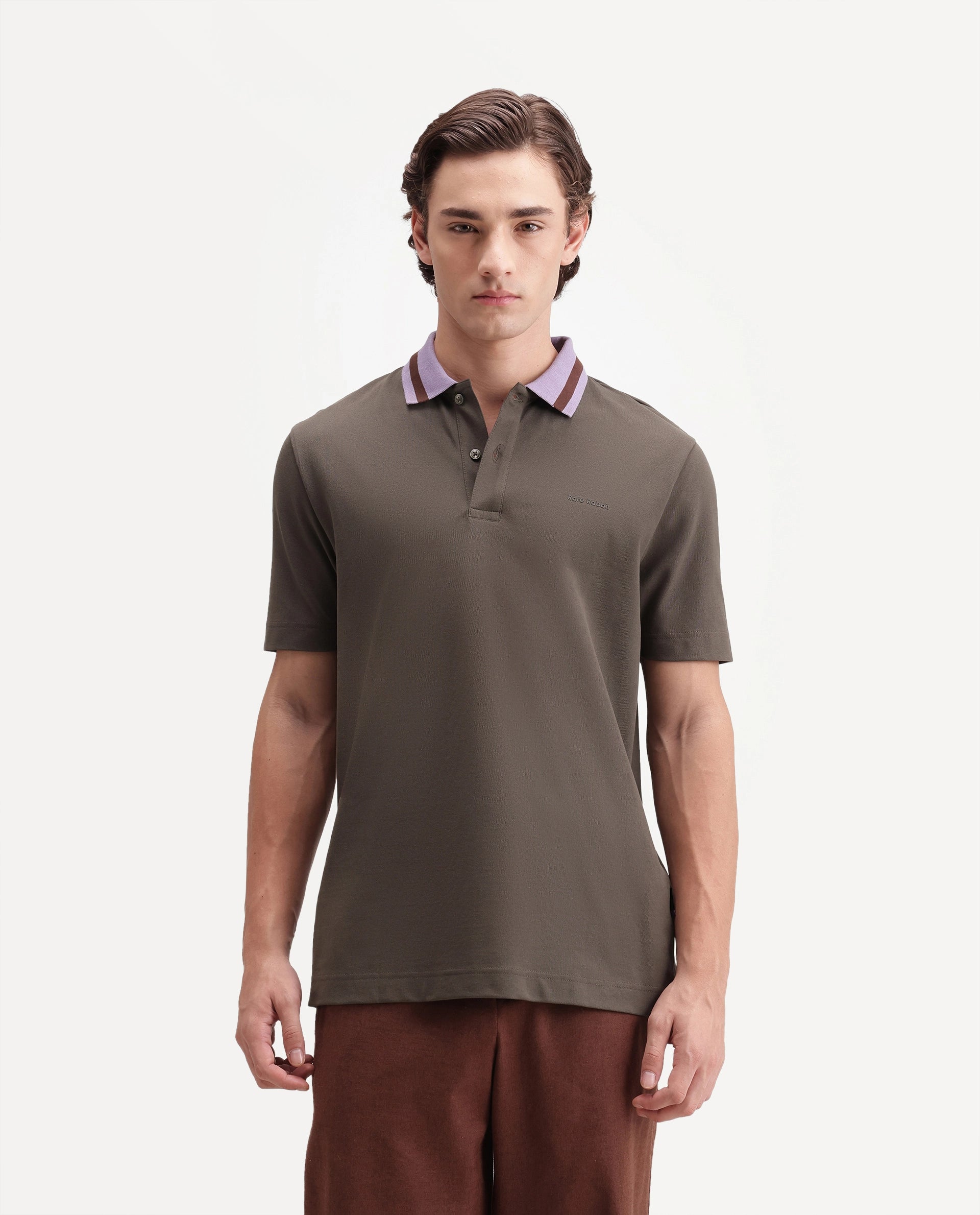 Rare Rabbit Men's Meson Olive Cotton Blend Spread Collar Regular Plain Polo