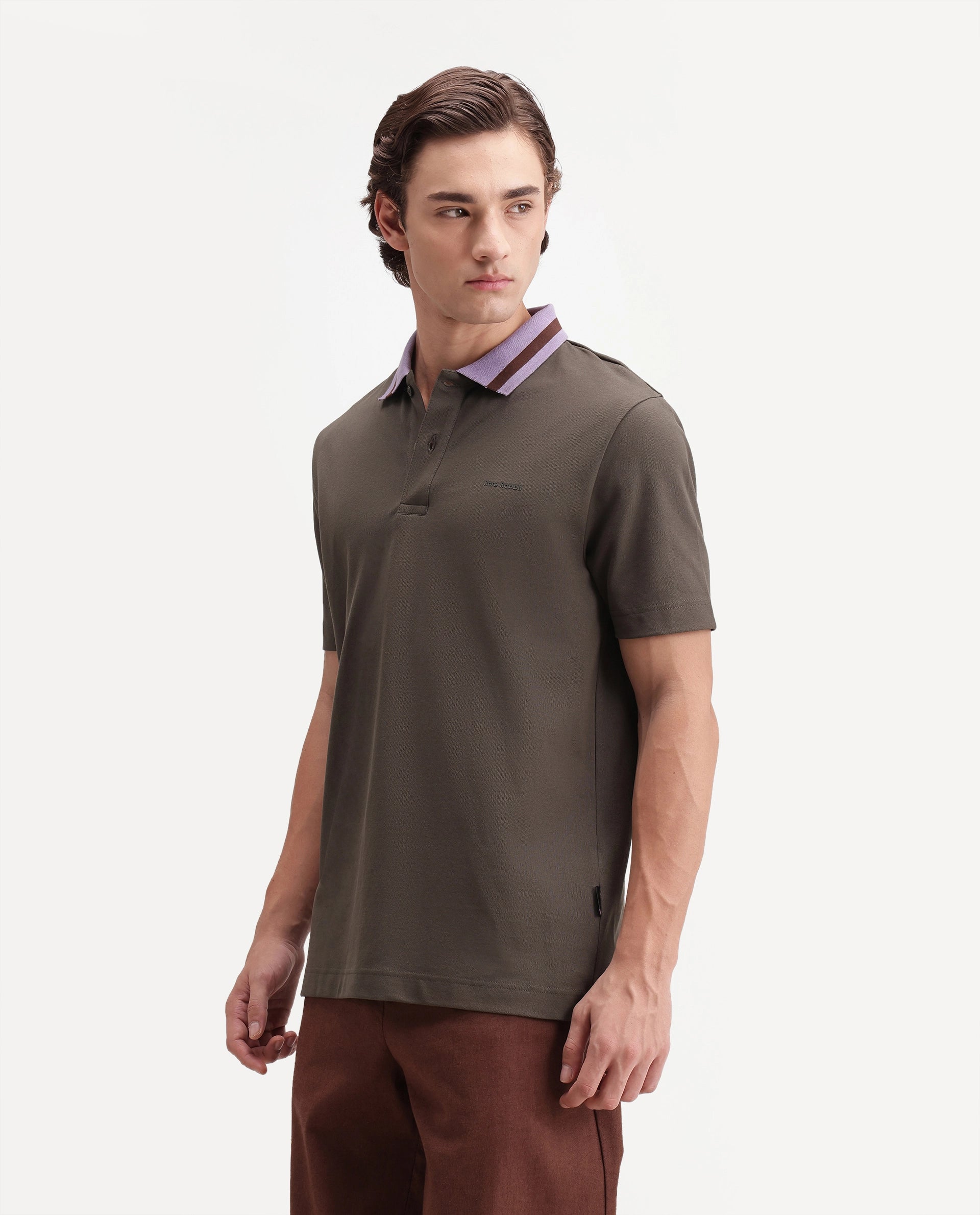 Rare Rabbit Men's Meson Olive Cotton Blend Spread Collar Regular Plain Polo