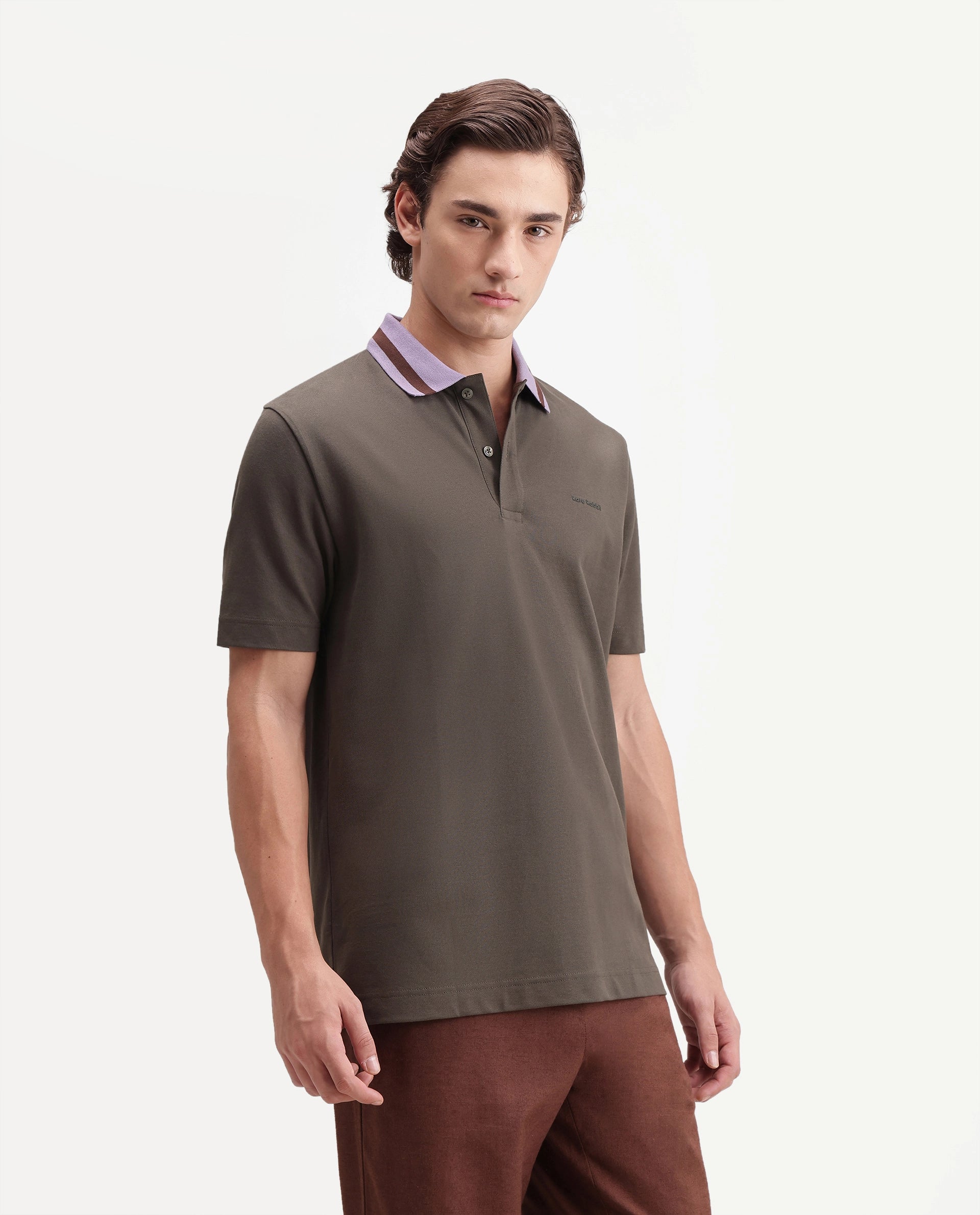Rare Rabbit Men's Meson Olive Cotton Blend Spread Collar Regular Plain Polo