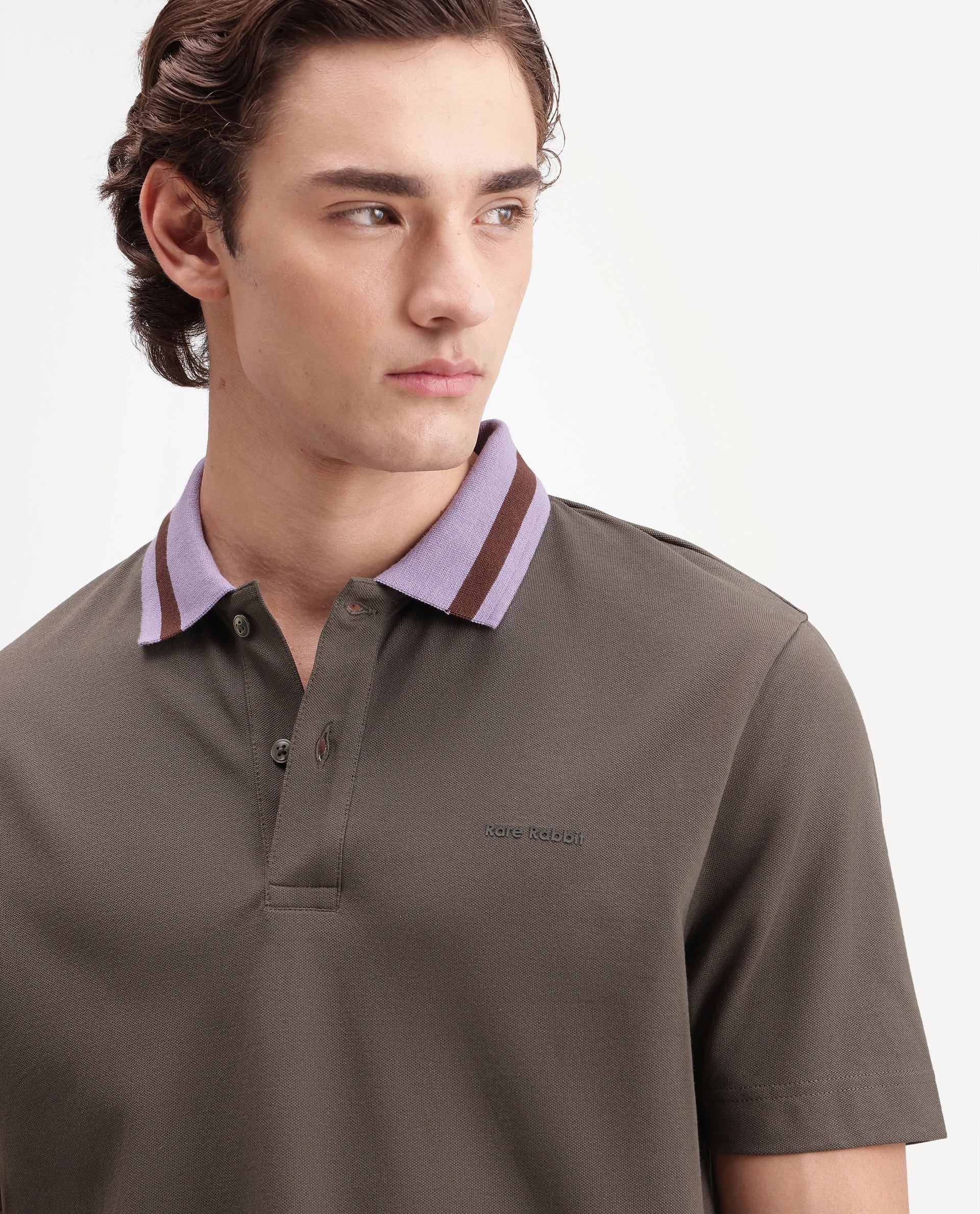 Rare Rabbit Men's Meson Olive Cotton Blend Spread Collar Regular Plain Polo
