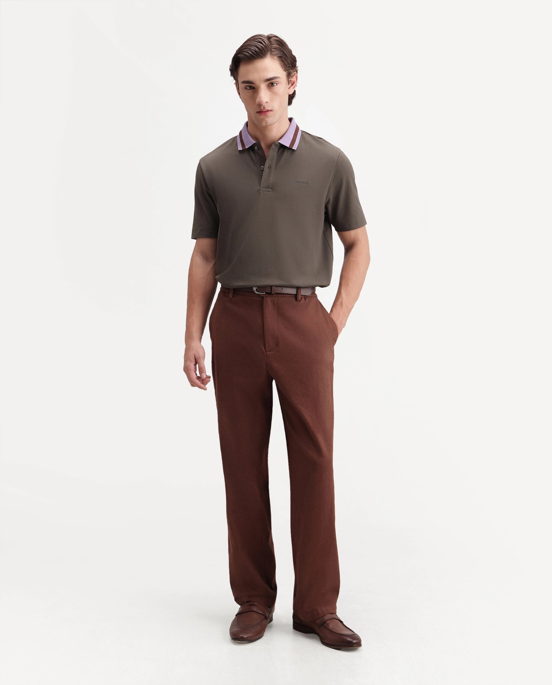 Rare Rabbit Men's Meson Olive Cotton Blend Spread Collar Regular Plain Polo