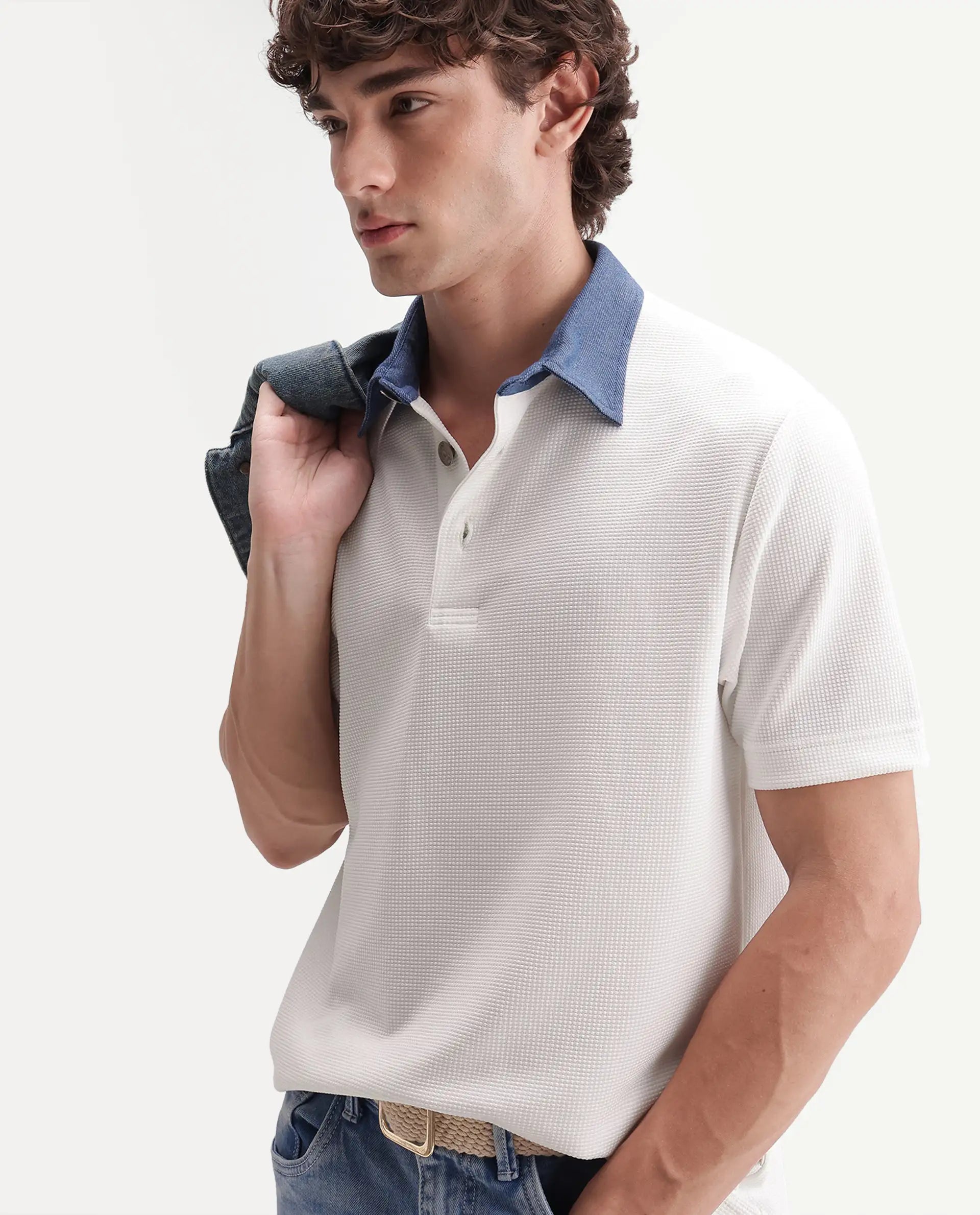 Rare Rabbit Men's Plano White Polyester Blend Spread Collar Regular Plain Polo