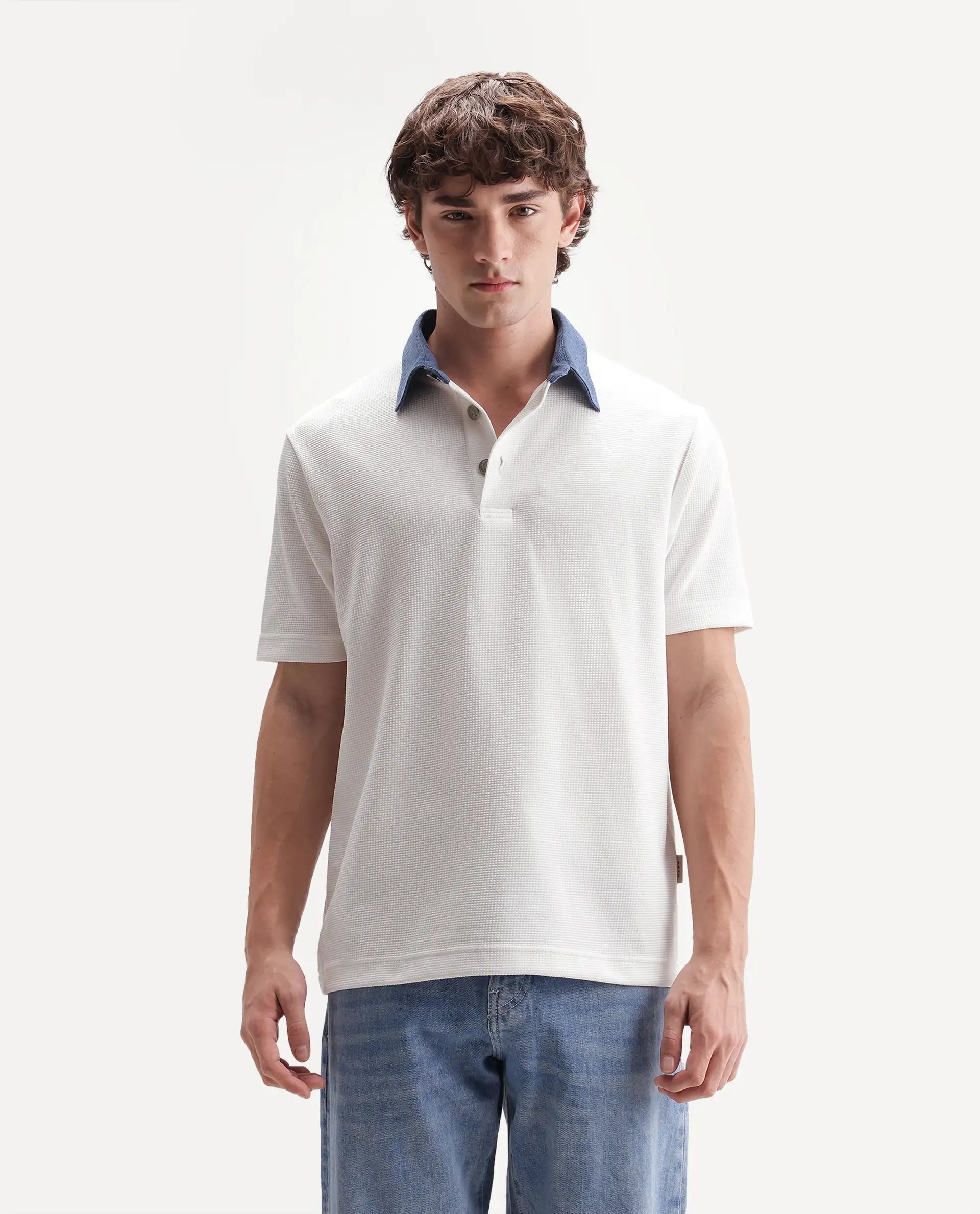 Rare Rabbit Men's Plano White Polyester Blend Spread Collar Regular Plain Polo