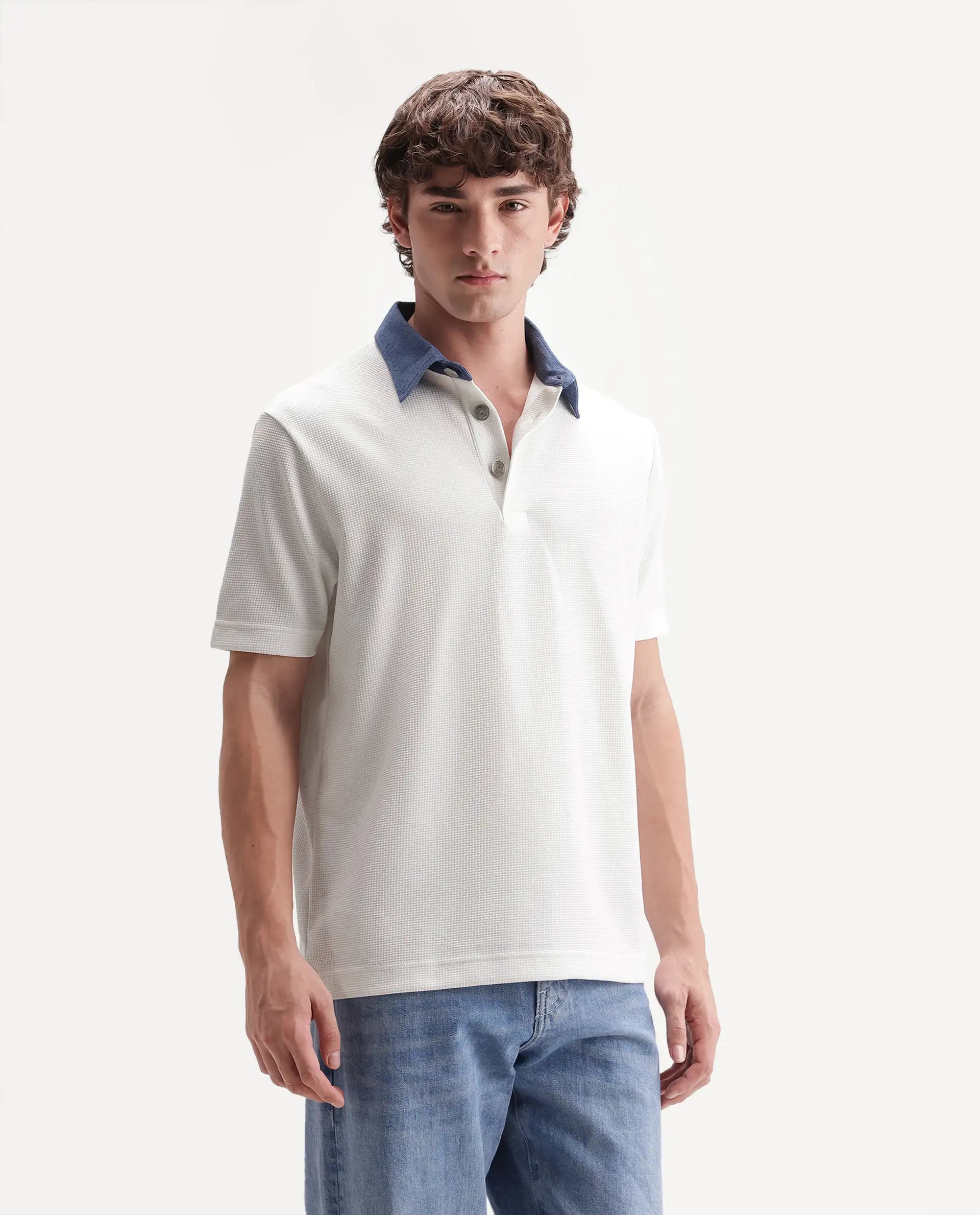 Rare Rabbit Men's Plano White Polyester Blend Spread Collar Regular Plain Polo