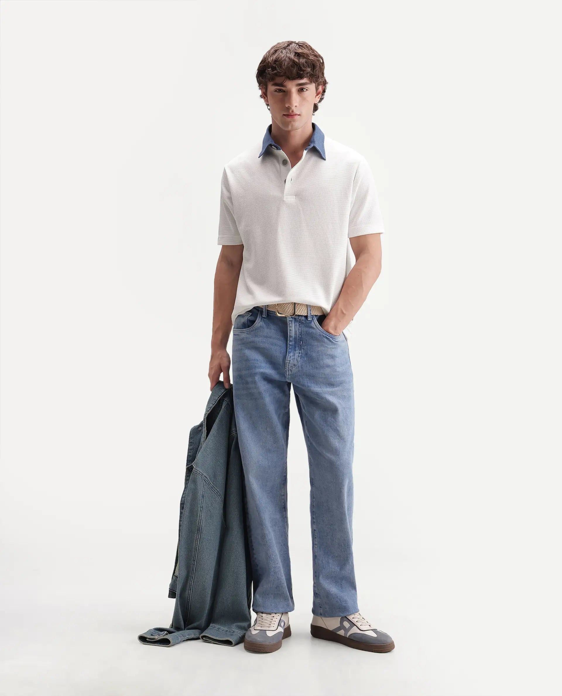 Rare Rabbit Men's Plano White Polyester Blend Spread Collar Regular Plain Polo